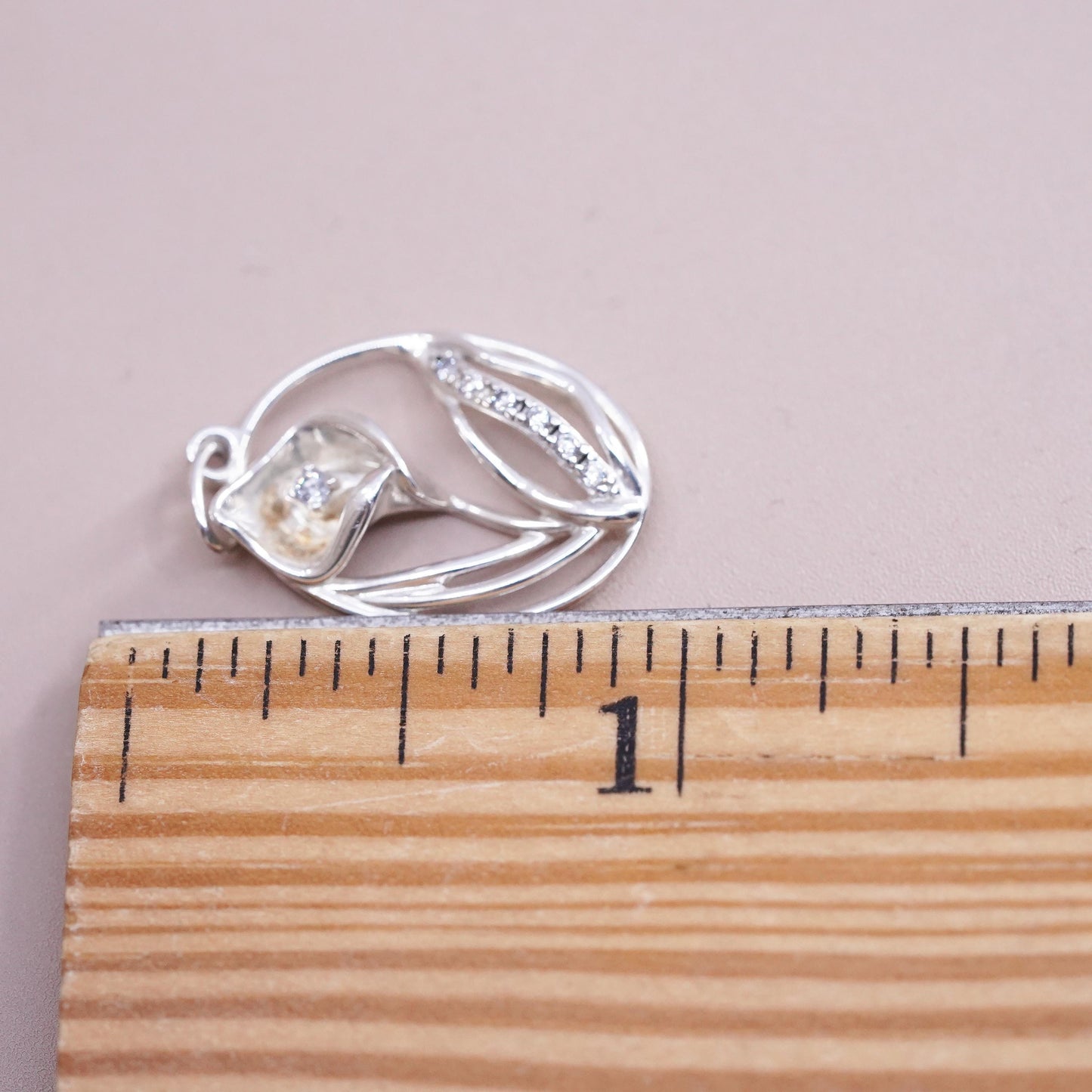 Vintage Sterling silver handmade pendant, 925 lily flower with cz