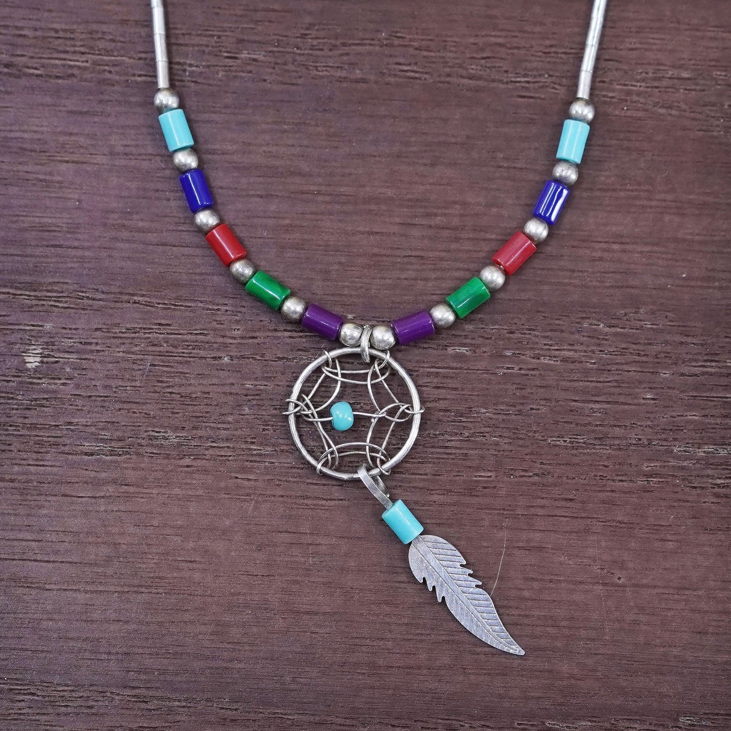 16”, Vintage Sterling 925 liquid silver necklace with turquoise feather pendant