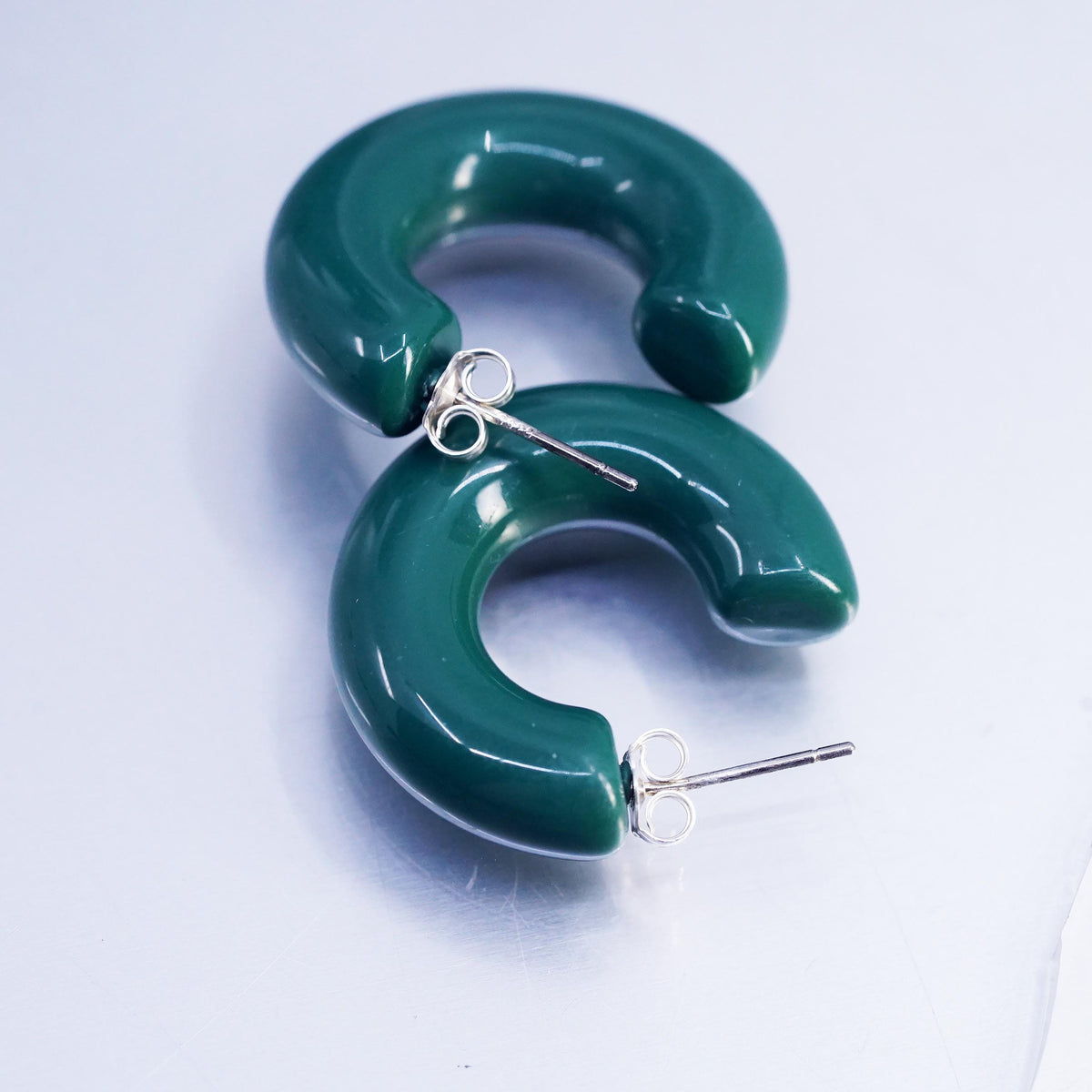 Vintage 925 Sterling Silver Handmade Hoop Earrings, huggie studs green resin