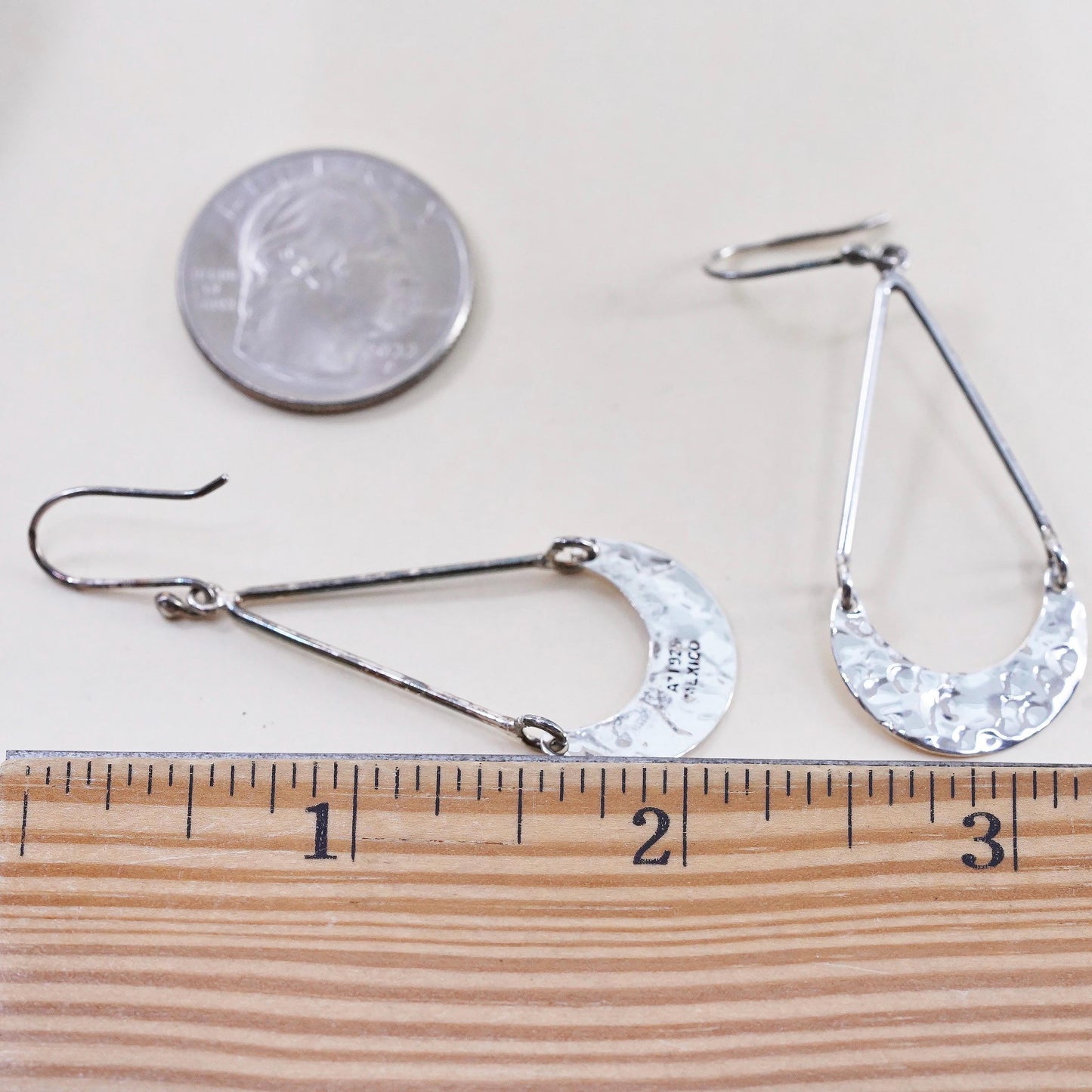Vintage sterling silver handmade earrings, 925 silver teardrop dangles hammered