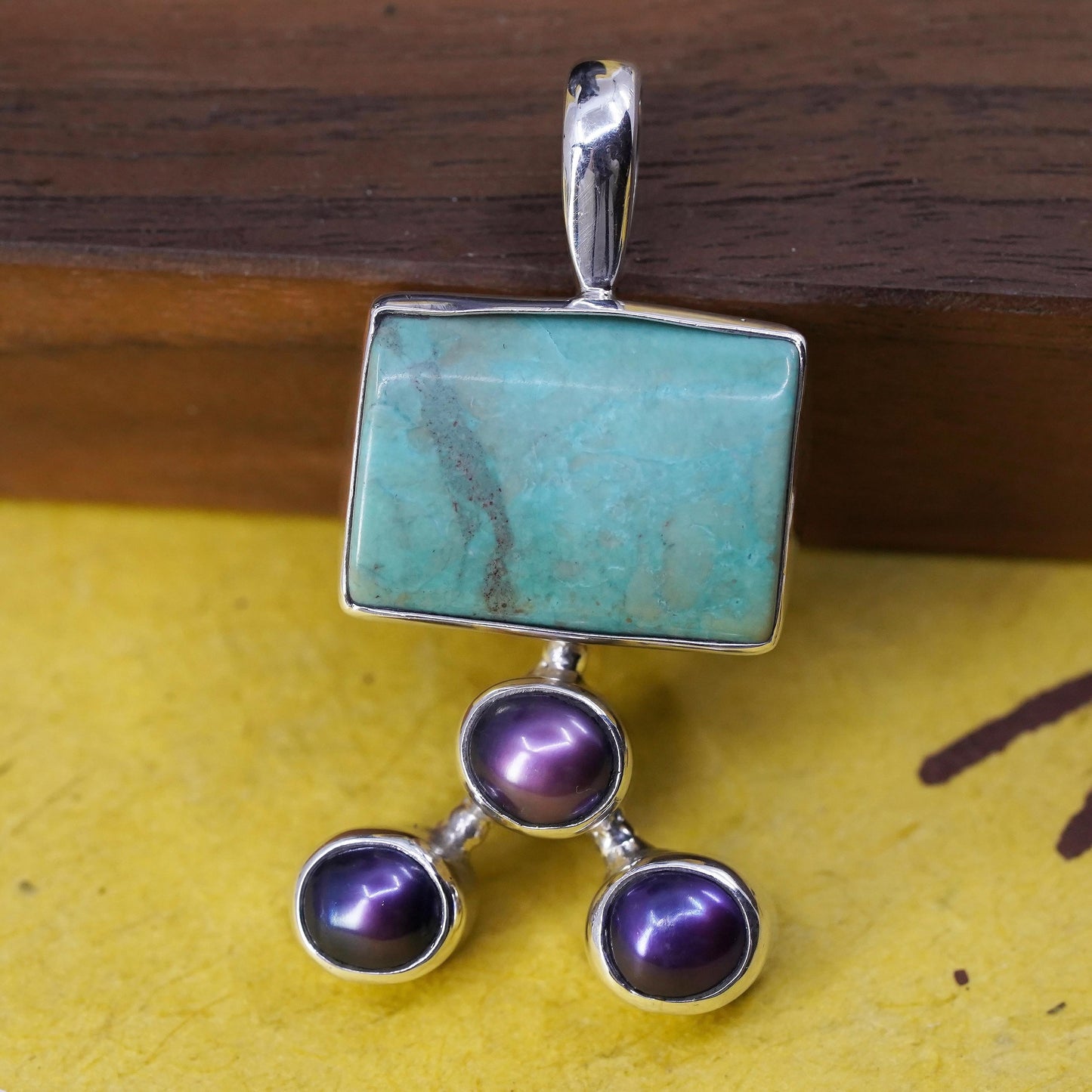 sterling silver pendant, southwestern 925 grapes with turquoise, black pearl