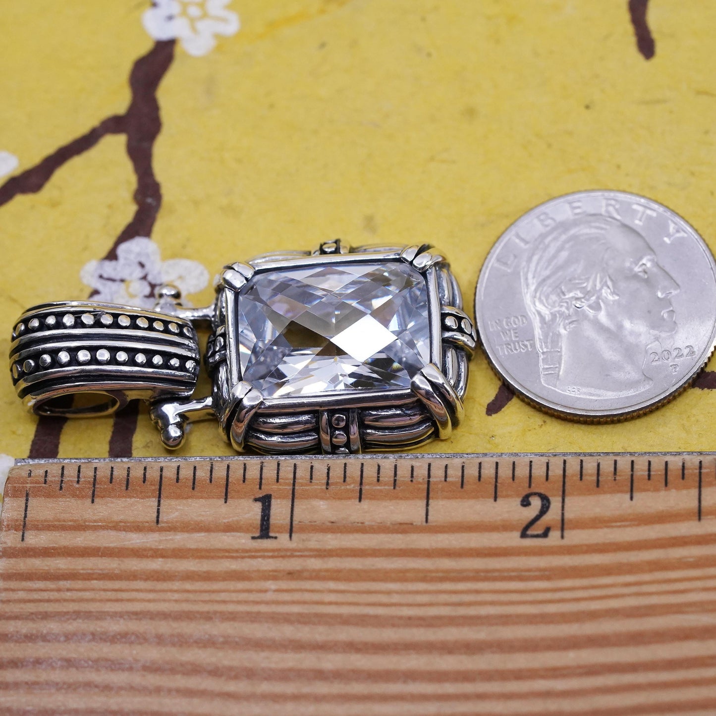 Vintage Sterling 925 silver handmade bead textured pendant with cz