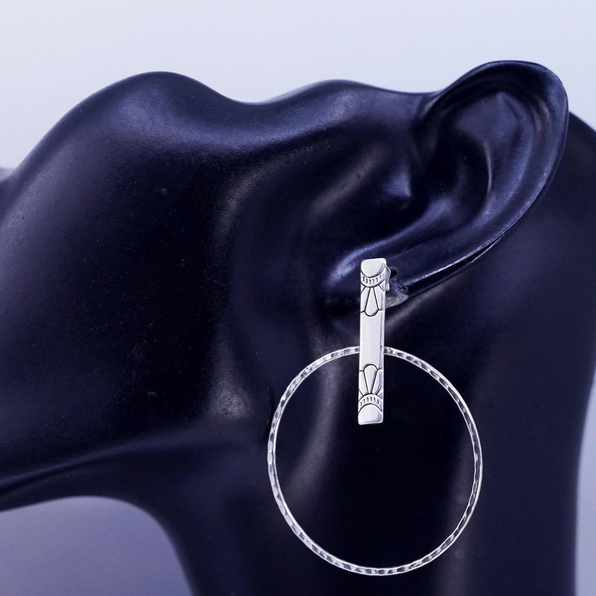 1.75", vintage Sterling silver handmade earrings, textured 925 hoop dangles