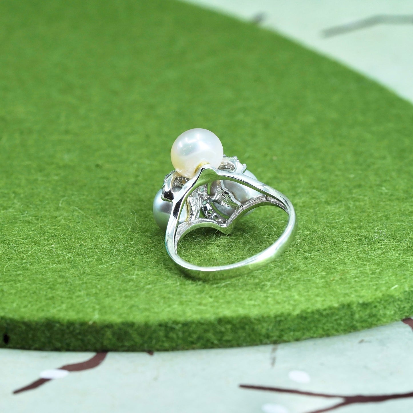 Size 9.25, vintage Sterling silver handmade ring, 925 band with pearls and cz