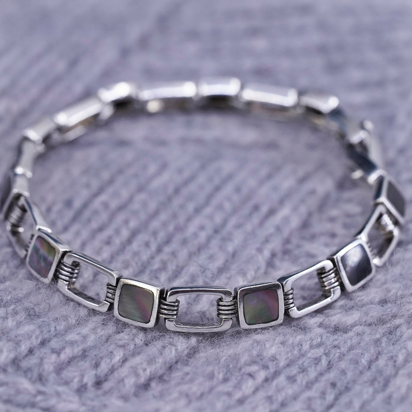 7.25", vintage Sterling 925 silver handmade tennis bracelet with abalone inlay