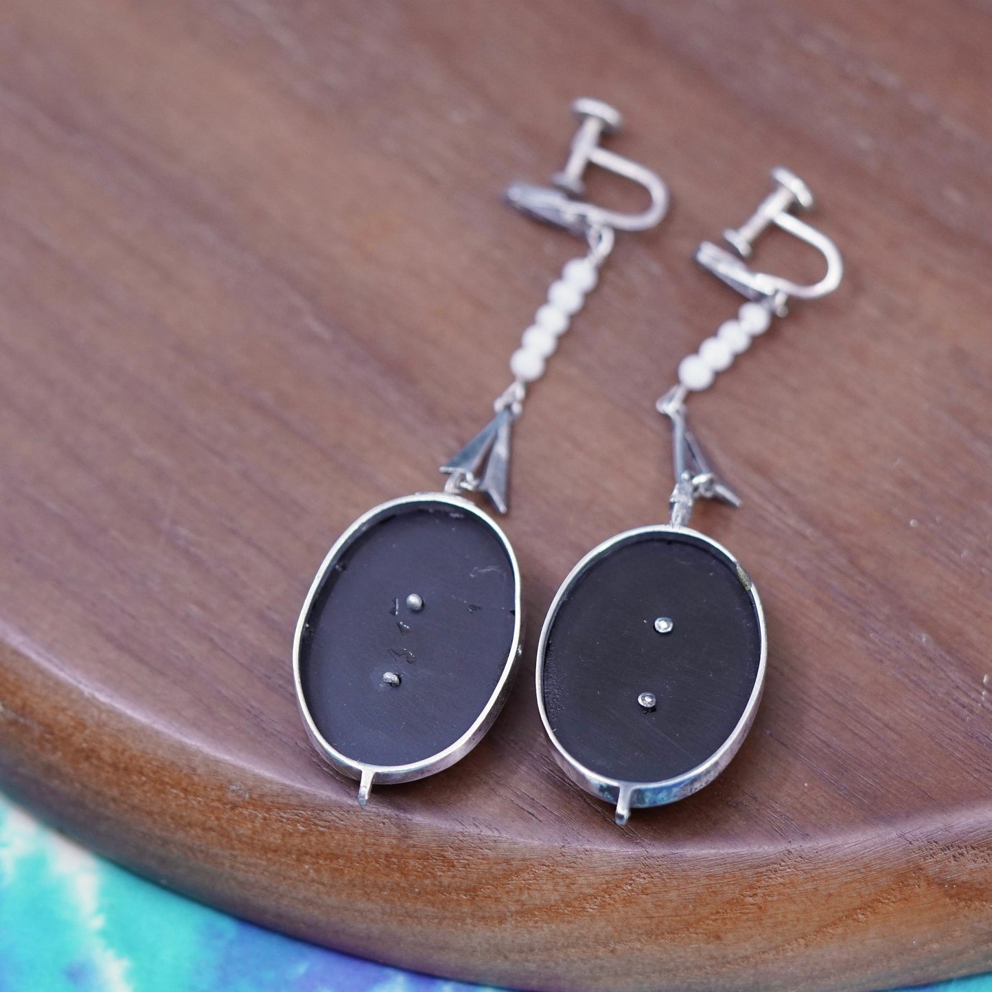 Sterling silver 925 handmade screw back earrings oval black onyx and marcasite