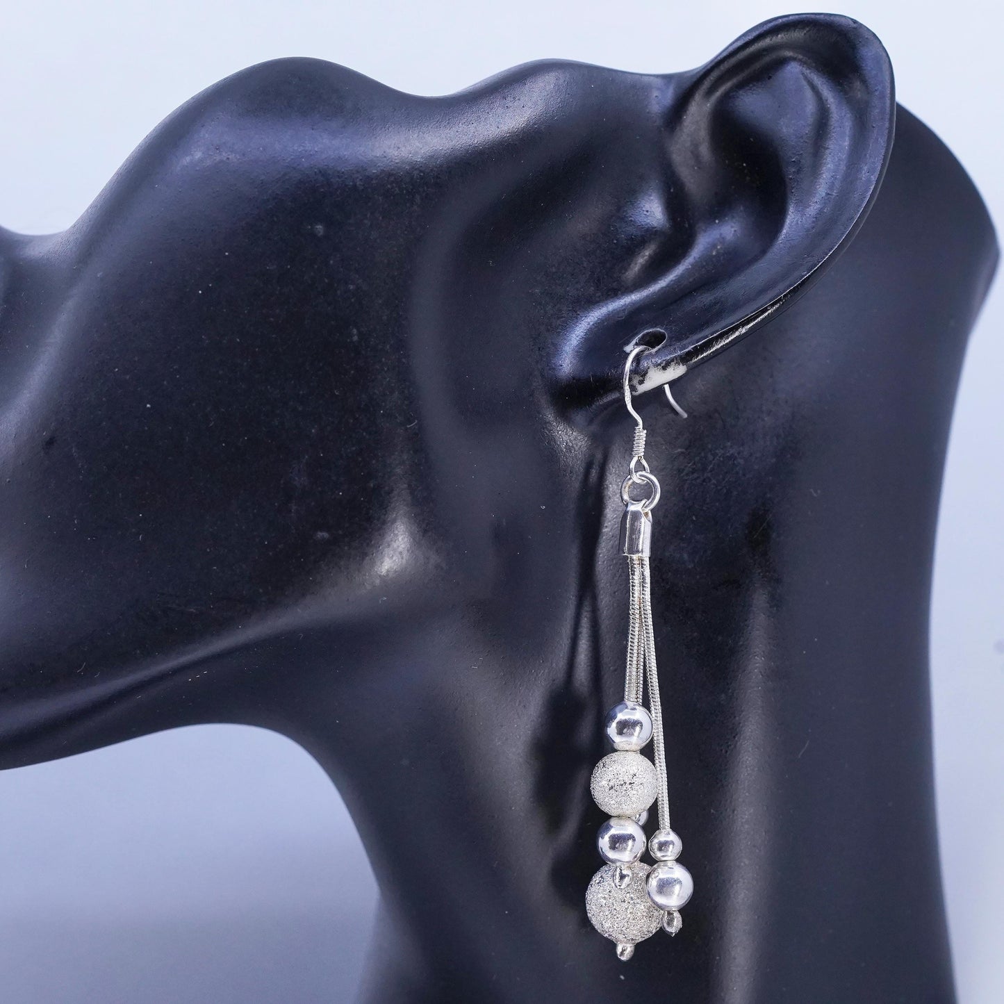 Vintage Sterling 925 silver snake chain fringe beads earrings