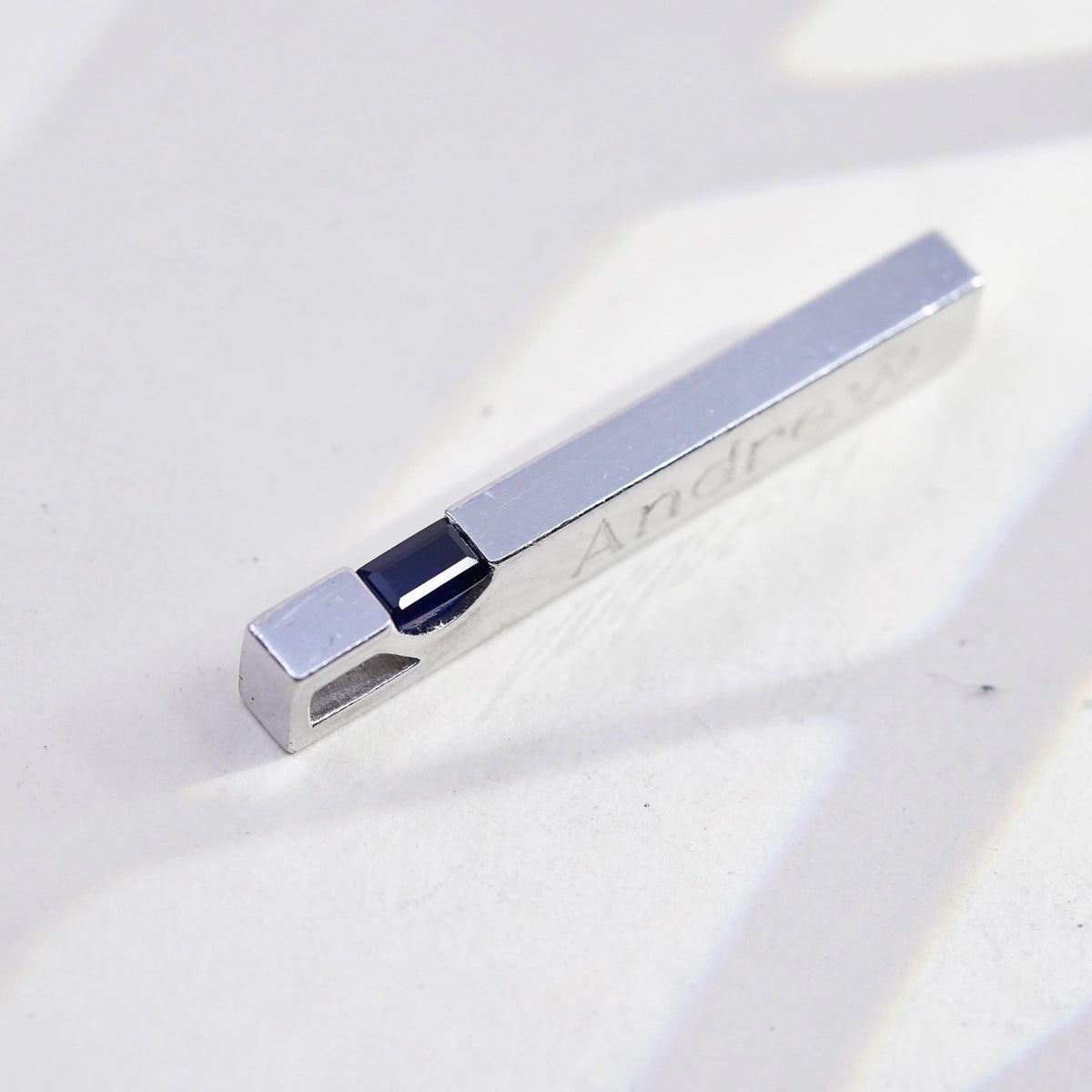 Vintage 3D sterling 925 silver 3D bar w/ sapphire pendant engraved name Andrew