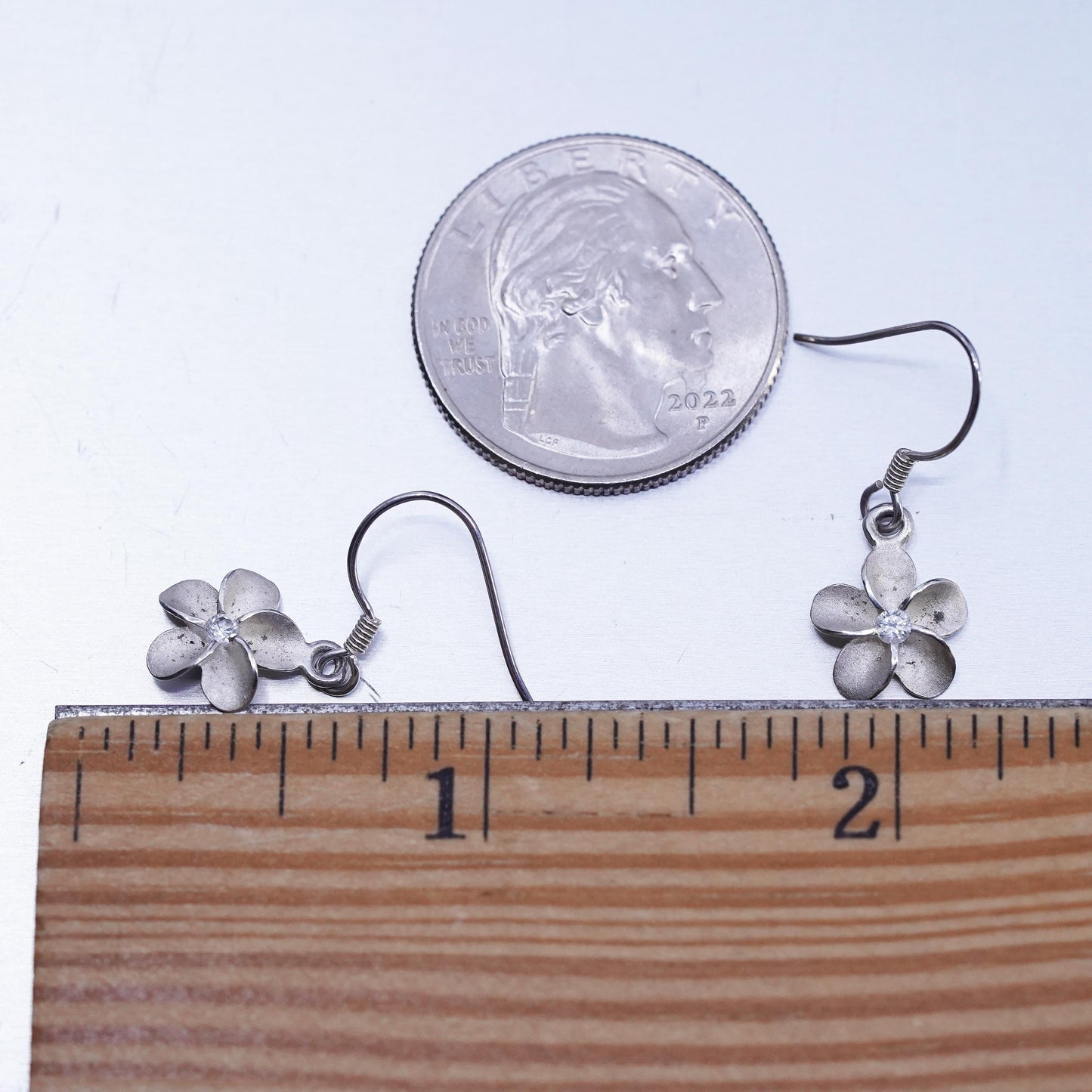 Vintage Sterling 925 silver handmade earrings, plumeria flower dangles with cz
