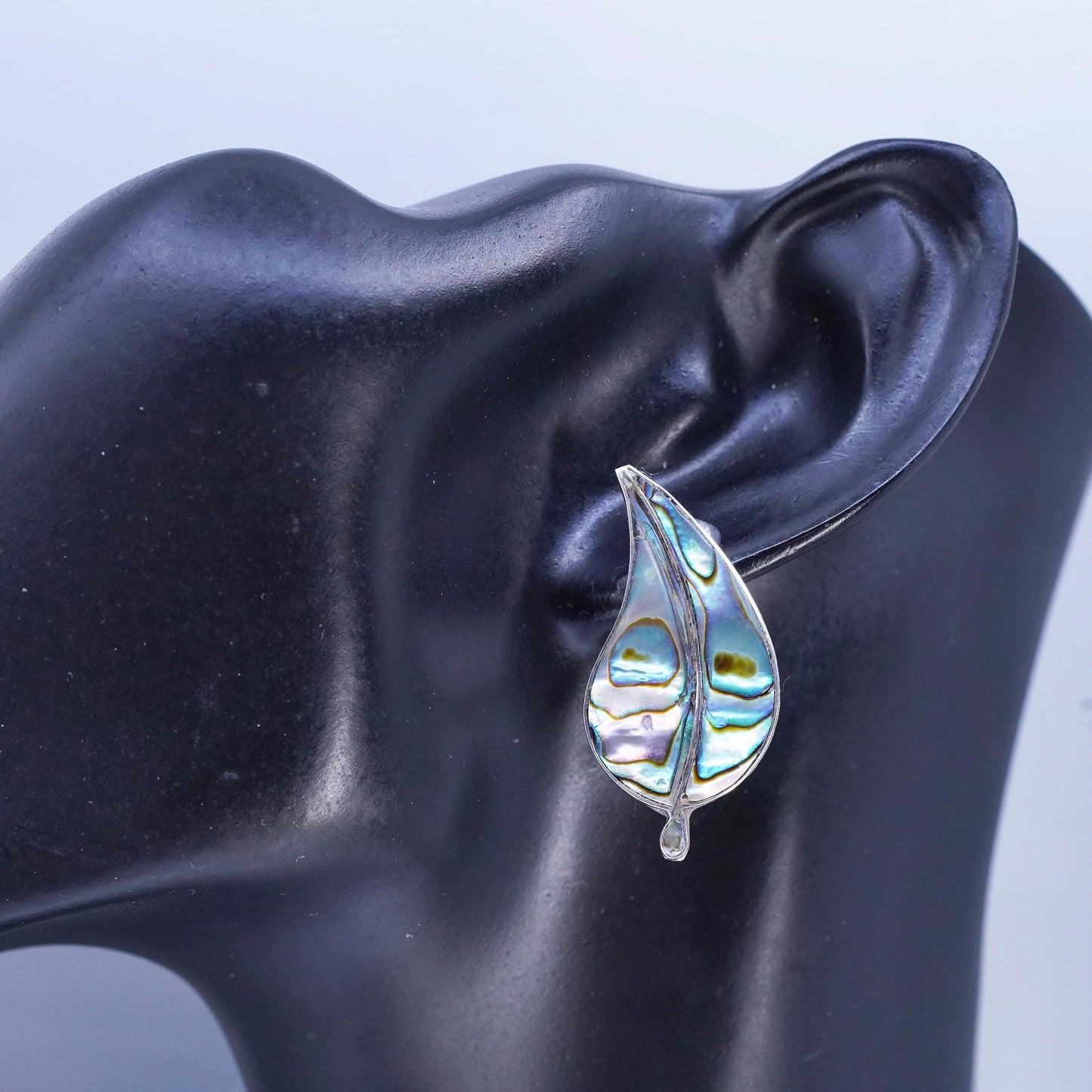 VTG Mexican ECC Sterling 925 silver handmade earrings, leaf screw back abalone