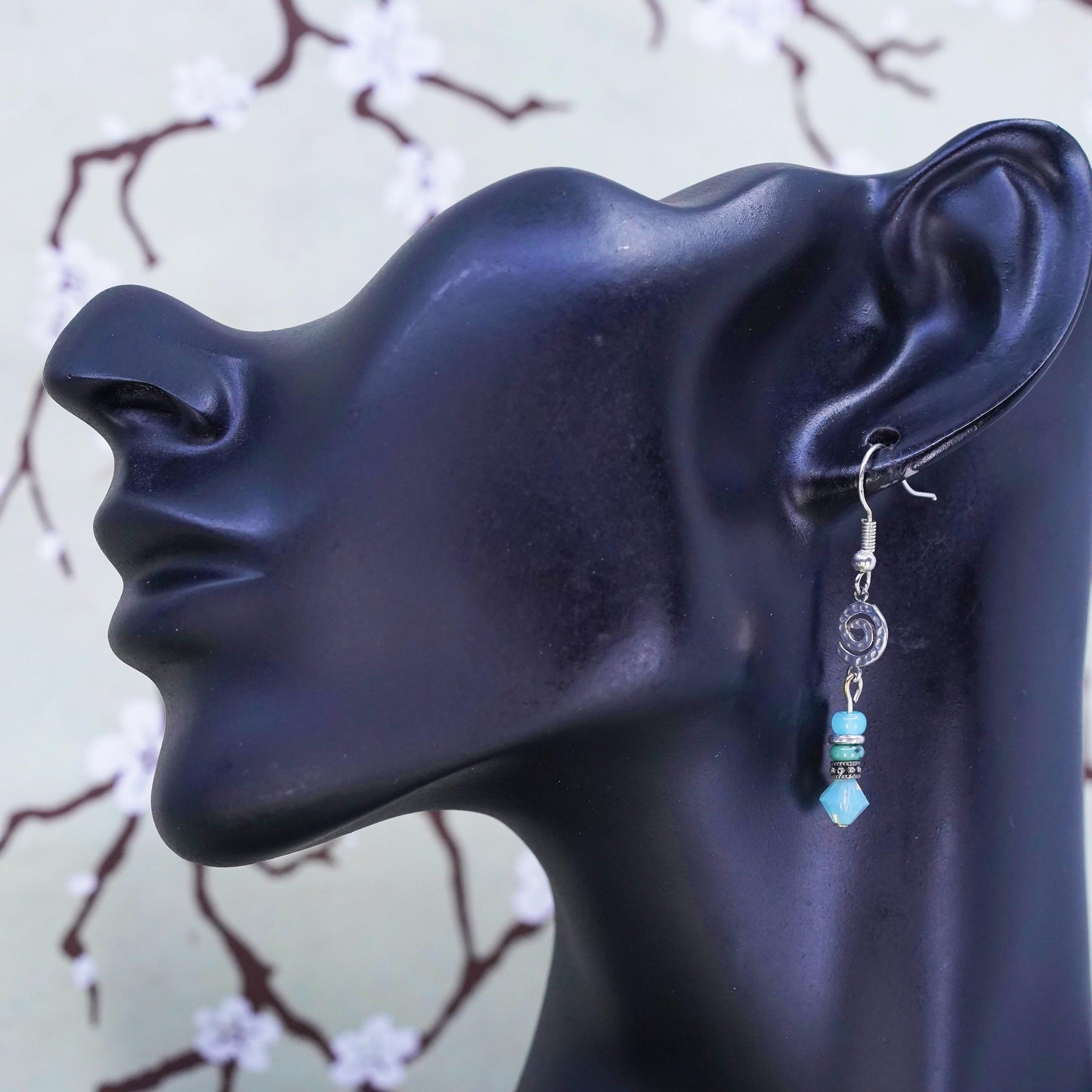Vintage Sterling 925 silver handmade spiral earrings with Chalcedony beads