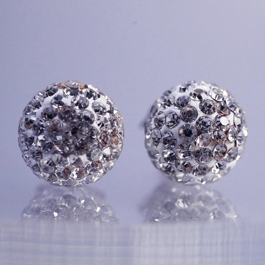 Vintage Sterling 925 silver handmade earrings, square studs with cluster Cz
