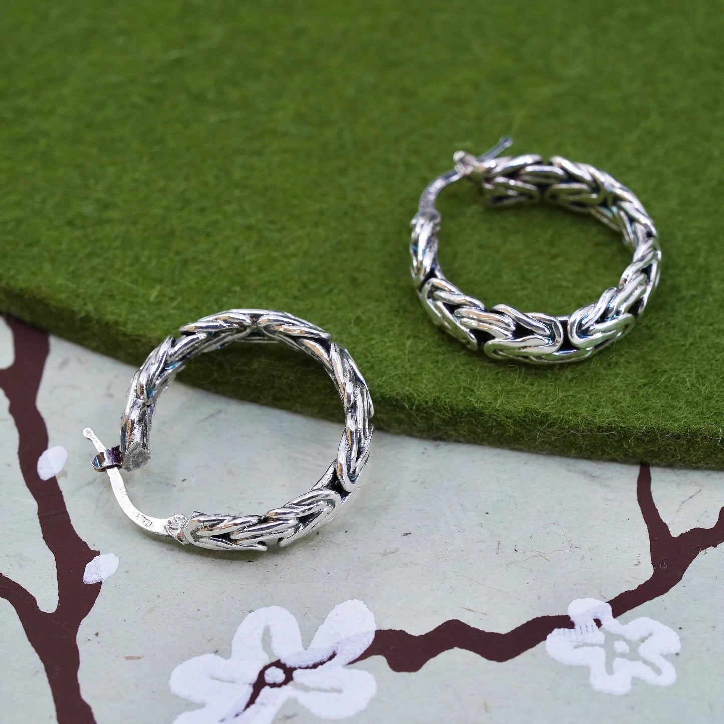 Italy sterling silver 925 hoops circle Byzantine birdcage textured earrings