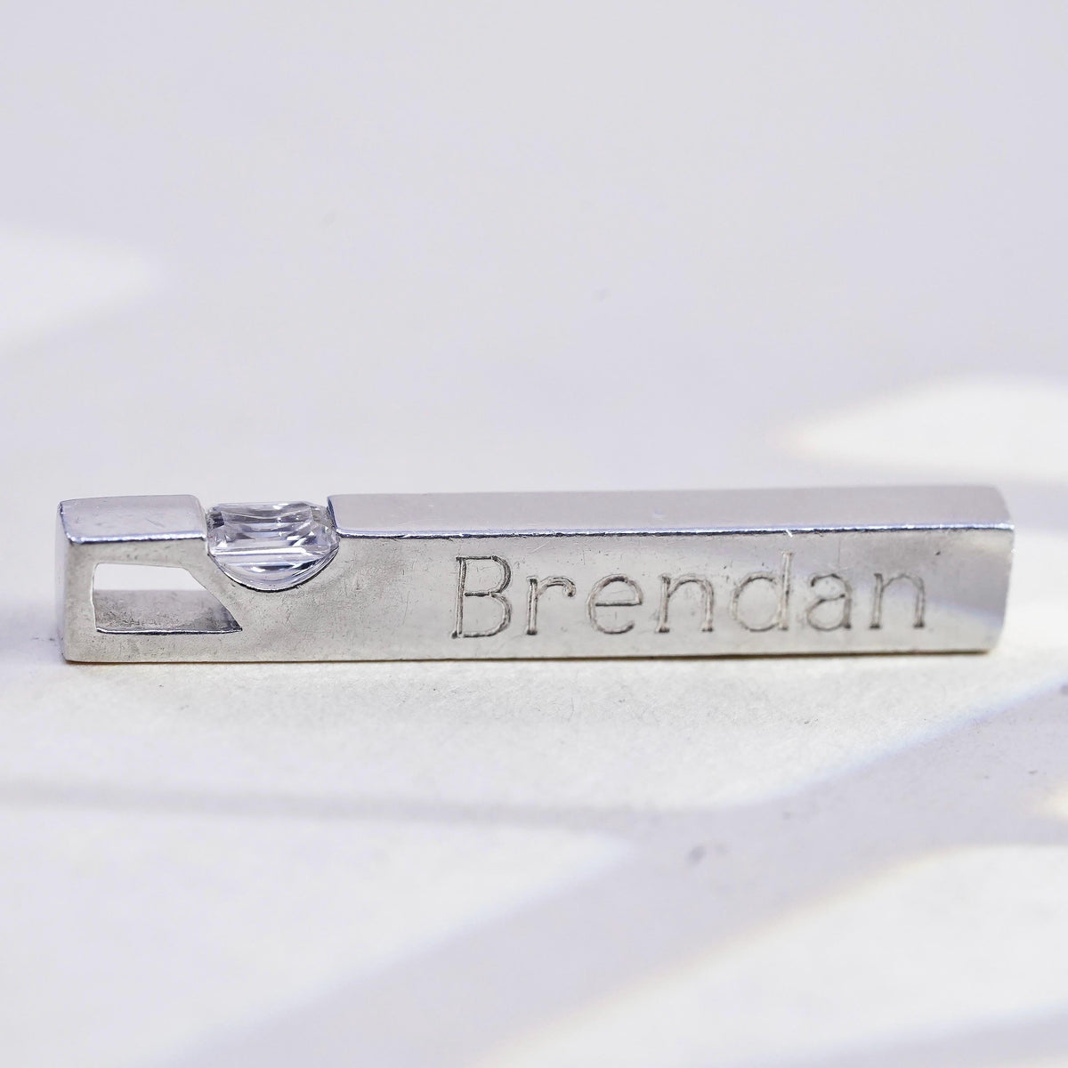 Vintage 3D sterling 925 silver 3D bar w/ diamond pendant engraved name Brendan