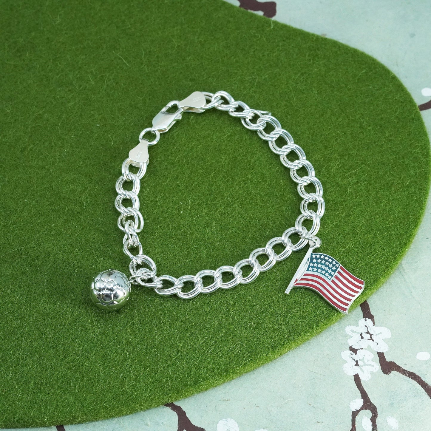 6.5”, sterling silver bracelet, 925 curb chain Soccer American flag charms