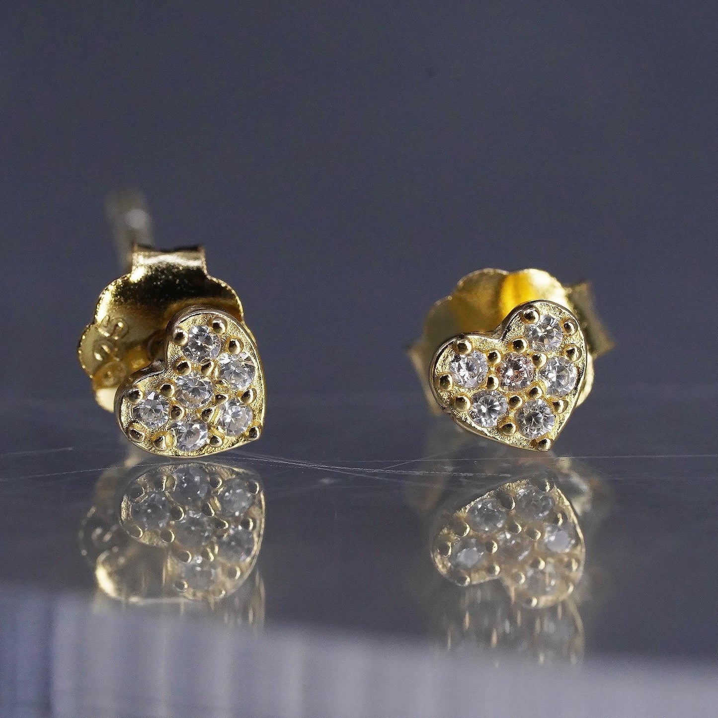 Vintage yellow gold plated Sterling 925 silver heart earrings, studs with cz