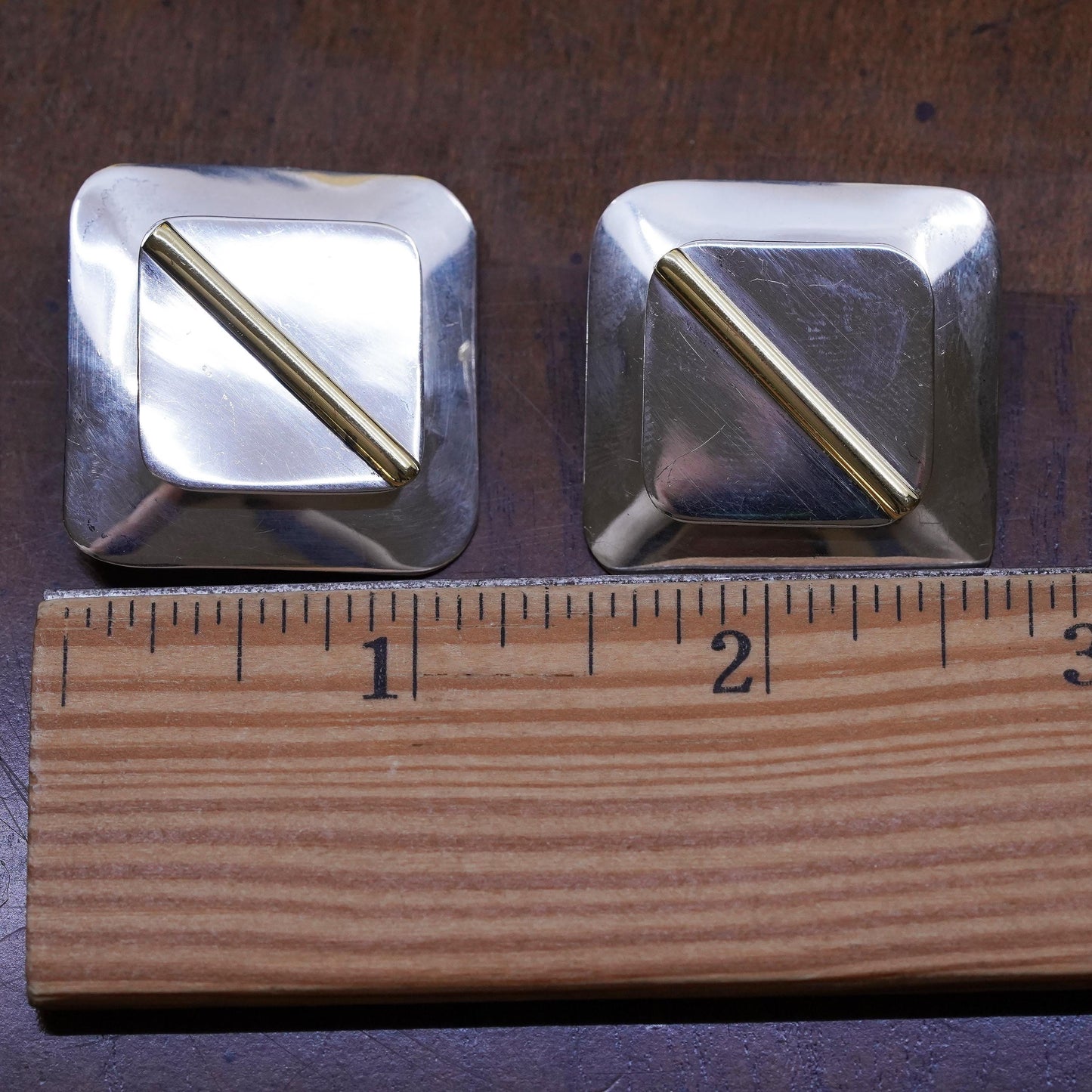 Mexican two tone Sterling silver square earrings, 925 clip on with brass tube