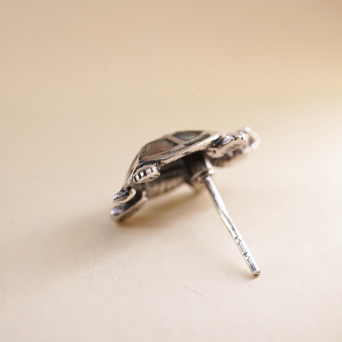 Vintage handmade single earring. Sterling 925 silver turtle stud with abalone