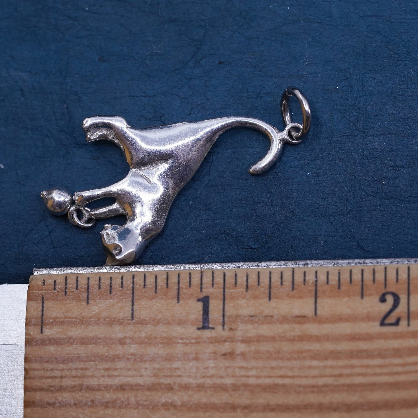 Vintage 925 Sterling Silver handmade kitty cat pendant with ball charm