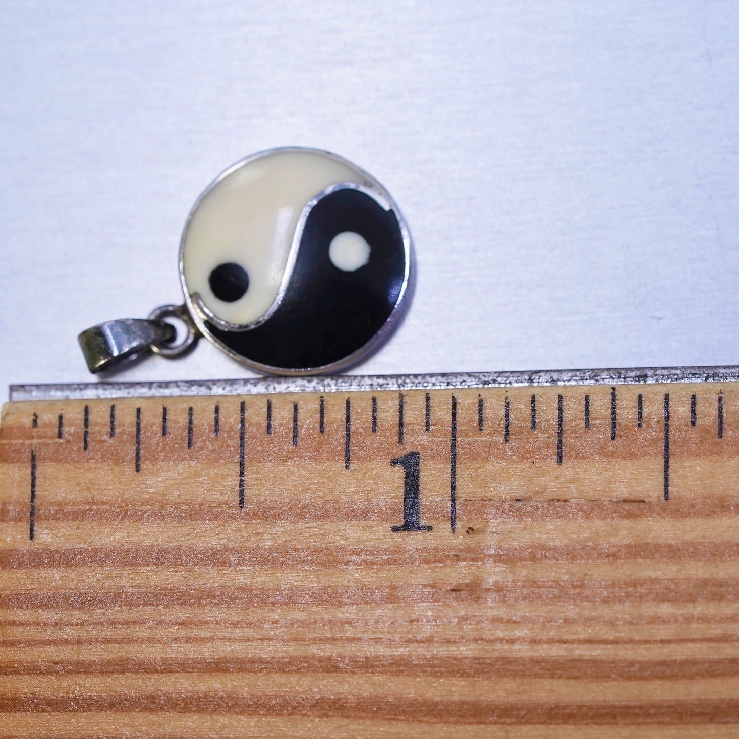Vintage sterling silver handmade pendant, 925 yin yang circle with enamel inlay