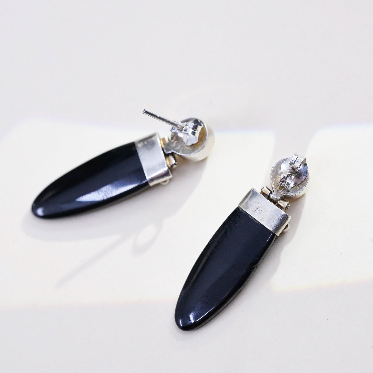 Vintage SIS handmade Sterling 925 silver earrings with onyx garnet and pearl