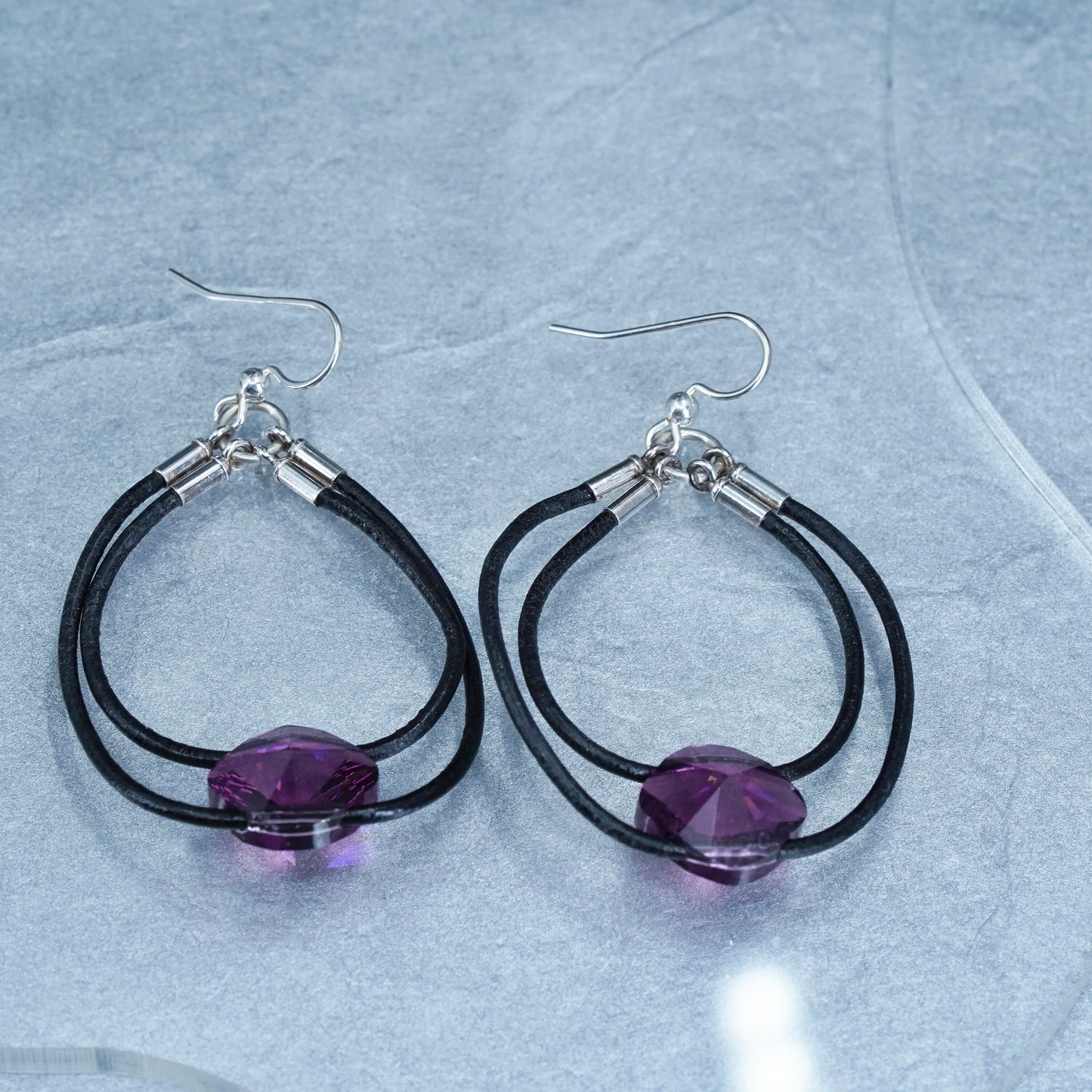 1.75”, vintage Sterling silver handmade earrings, 925 hooks with black leather amethyst