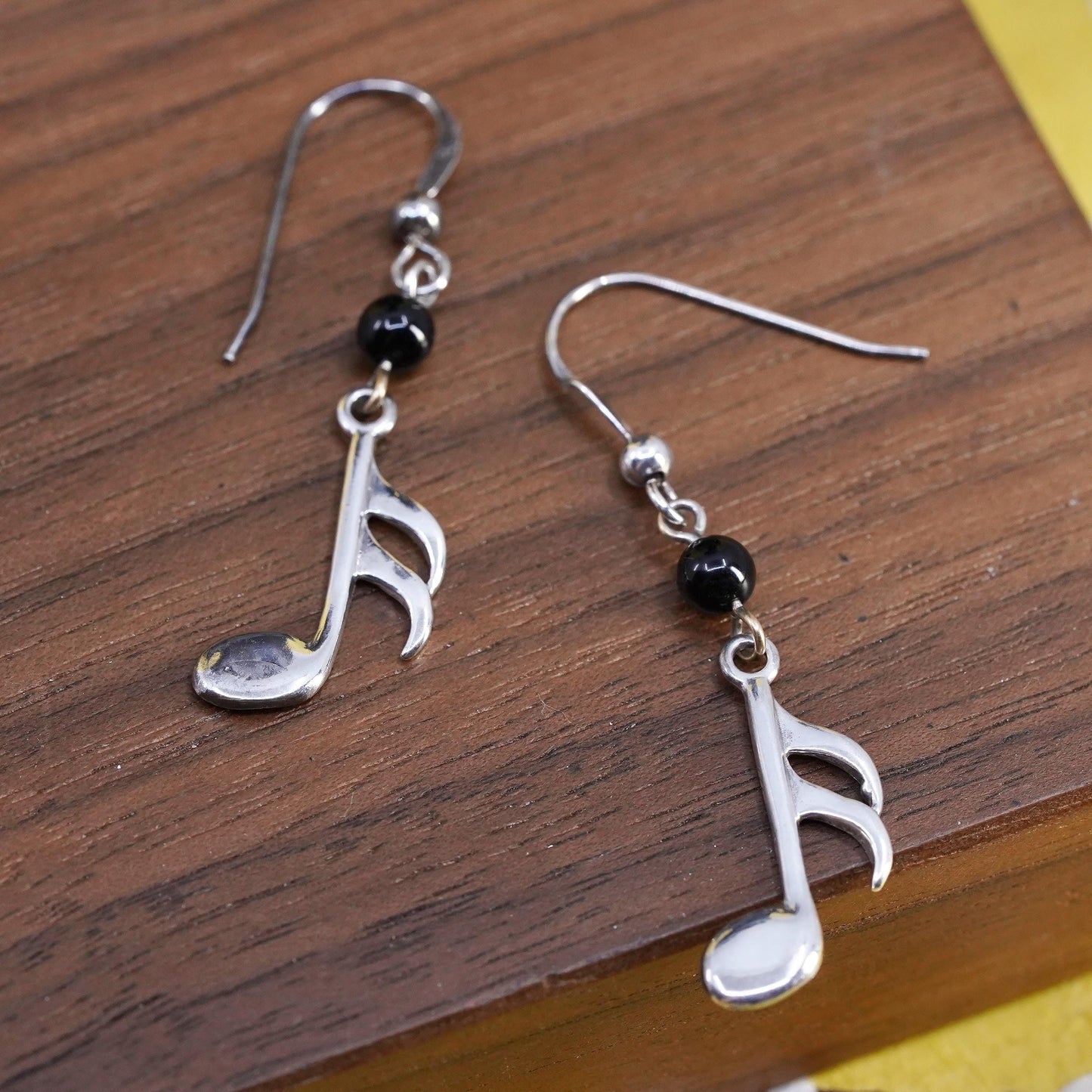 Vintage Sterling 925 silver handmade music note earrings with onyx beads