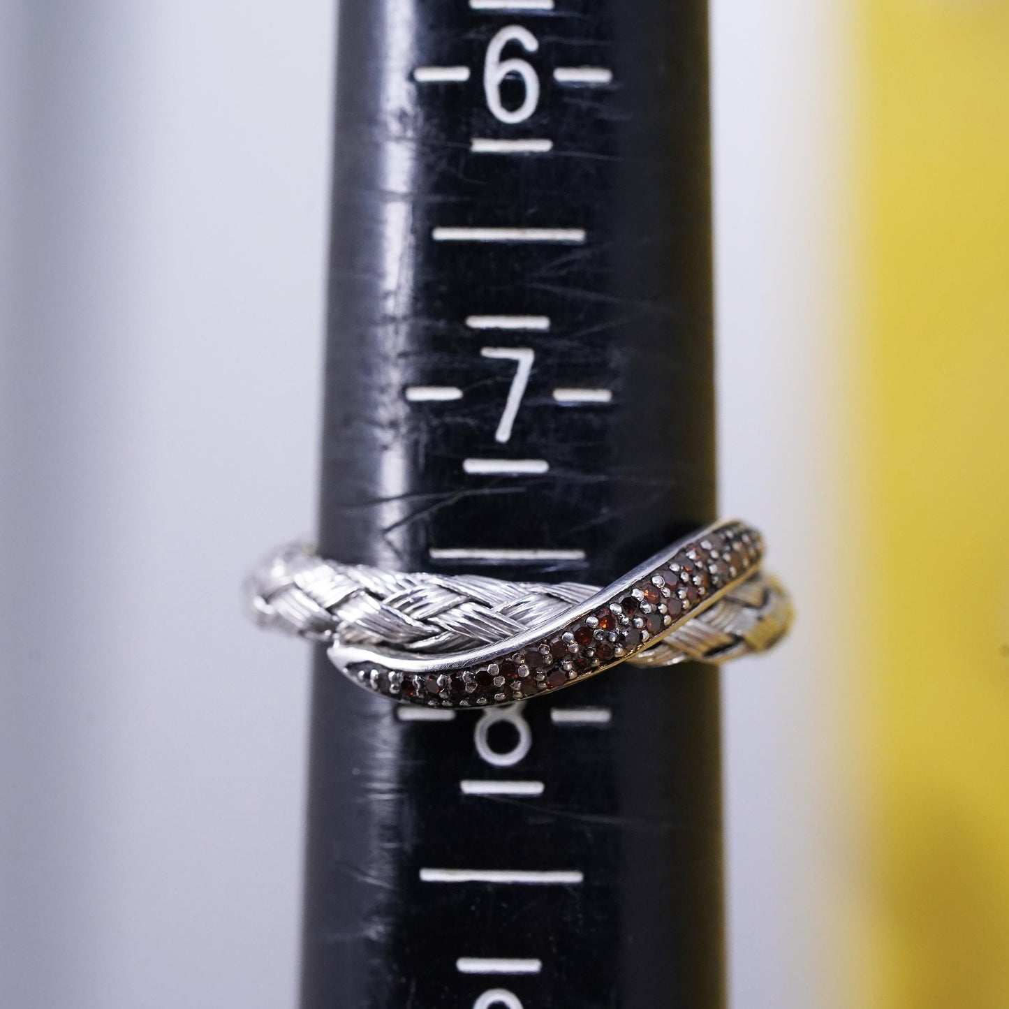 Size 7.5, Designer JS Sterling 925 silver woven braided ring cluster citrine