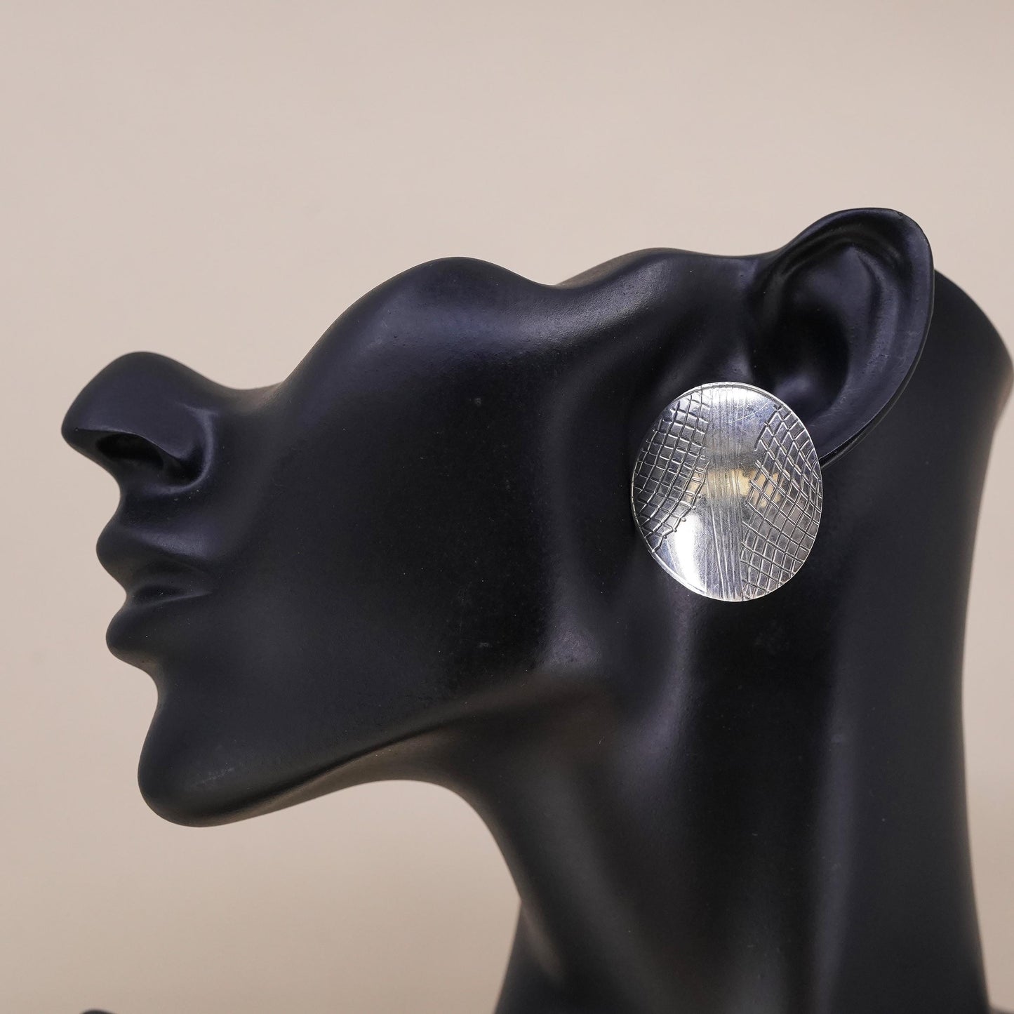 Vintage handmade single earring. Sterling 925 silver textured disc stud