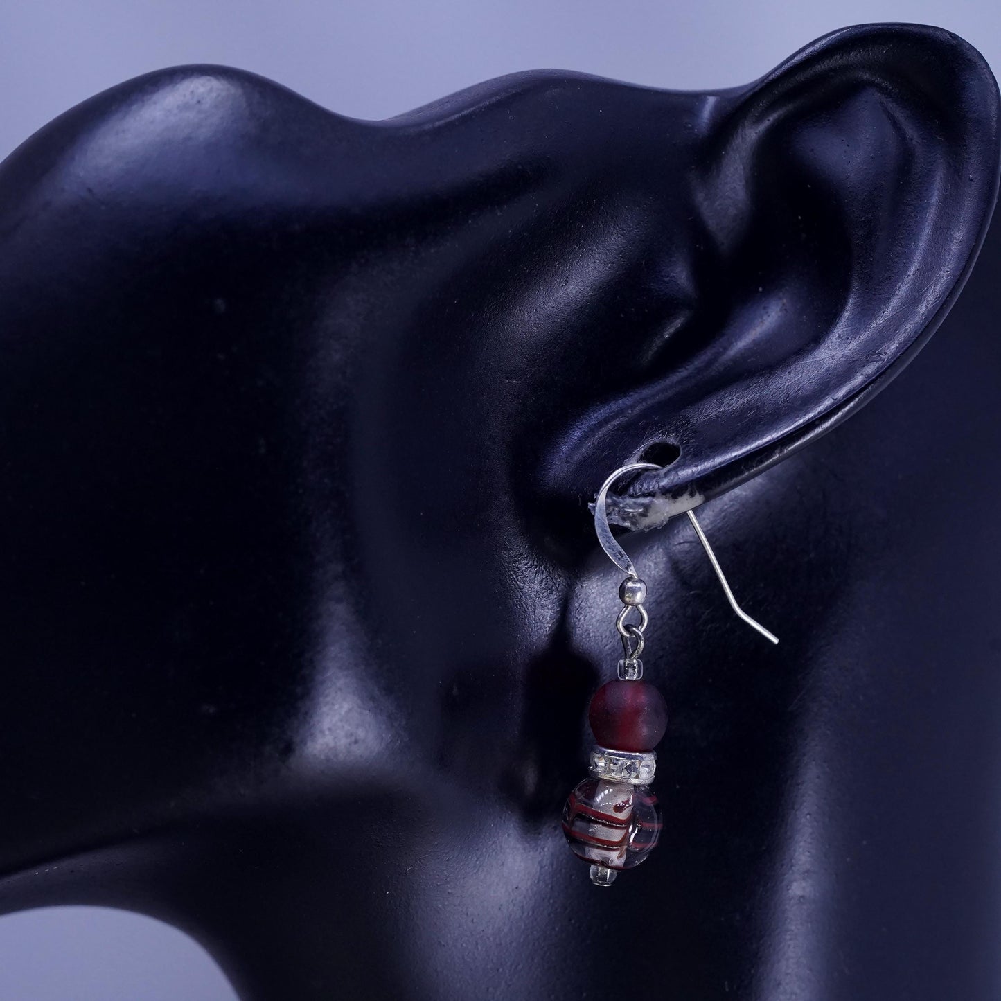 Vintage sterling silver handmade earrings, 925 hooks with red glass bead