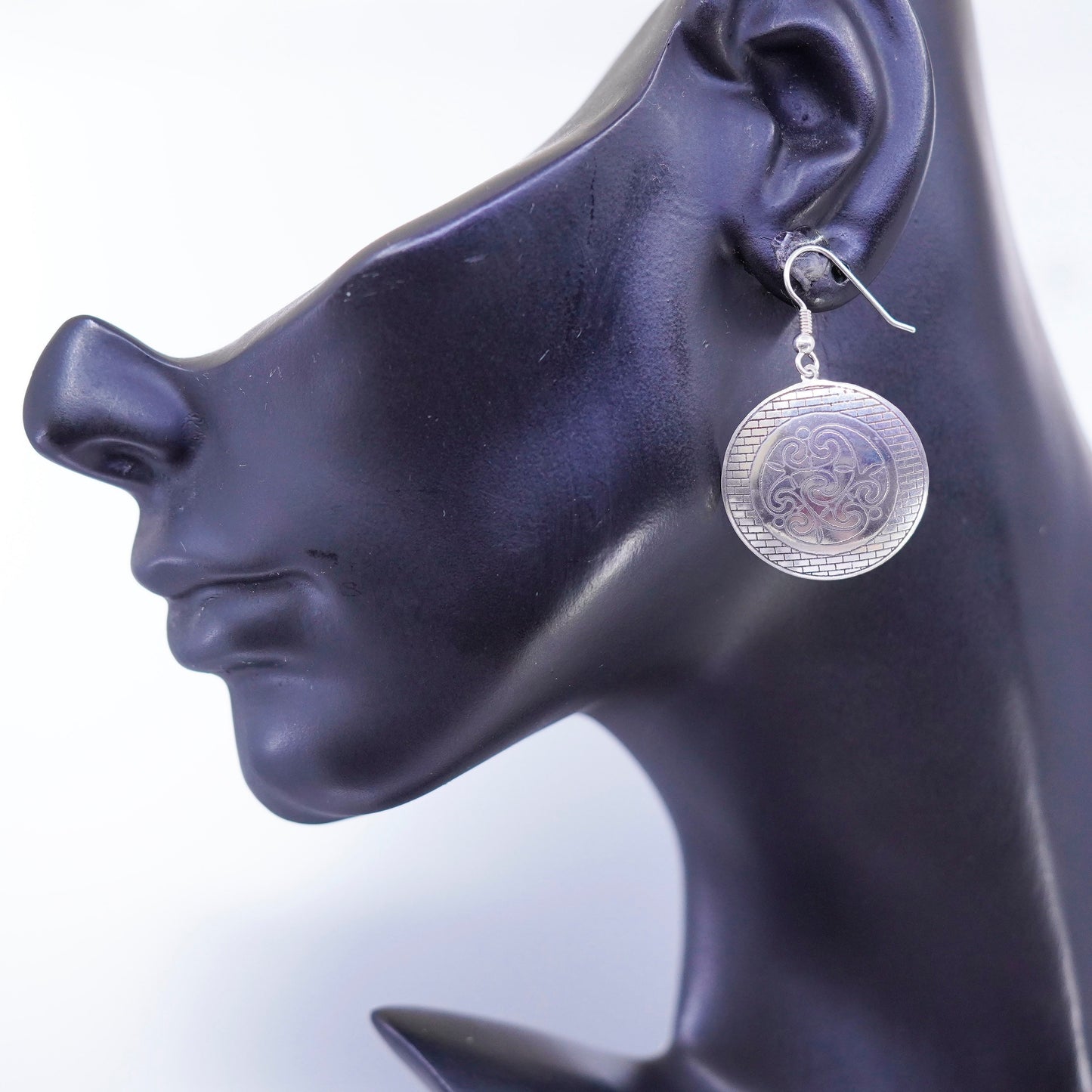 vintage Sterling silver handmade earrings, 925 textured disc dangles