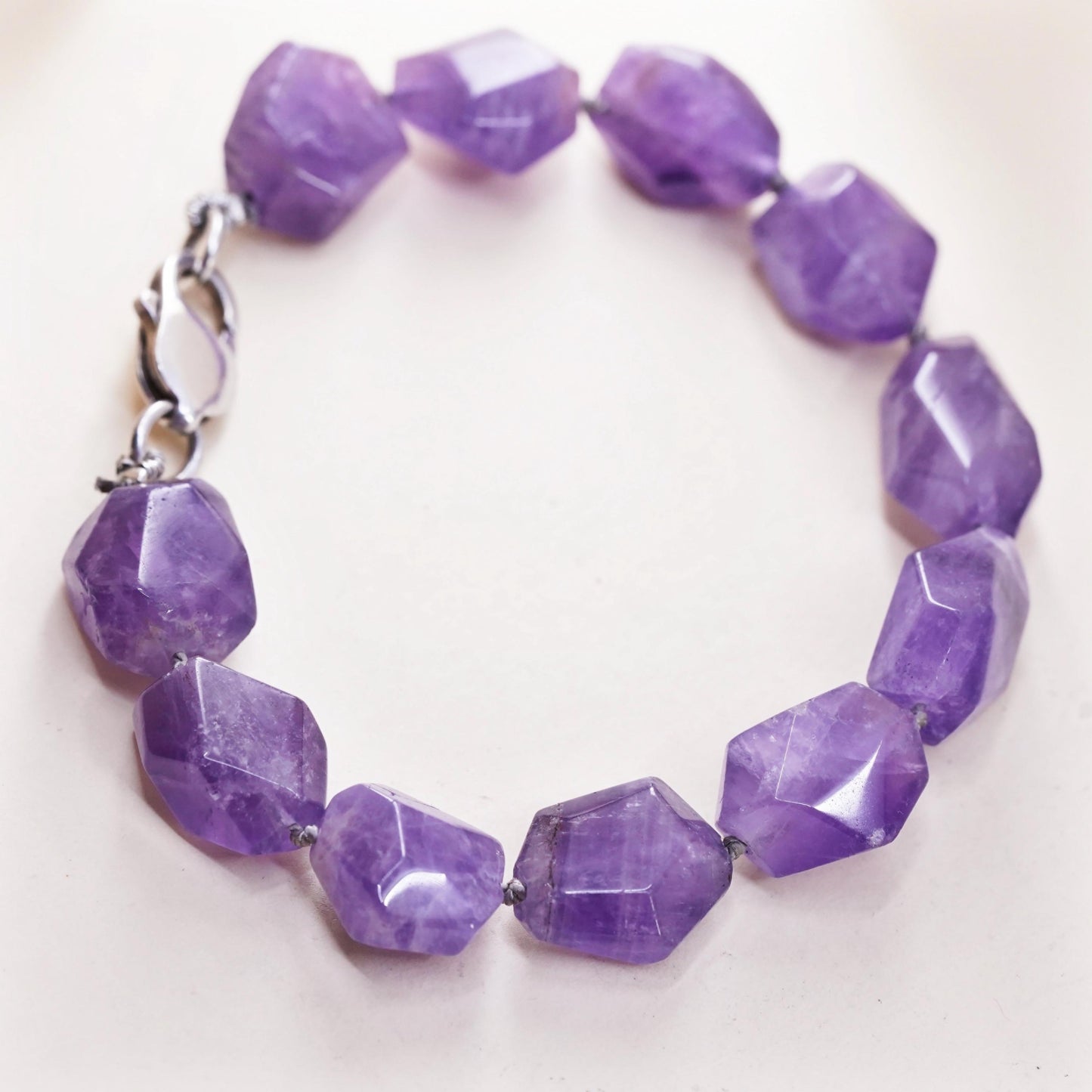 7.5" Vintage Sterling 925 silver handmade bracelet, natural amethyst nugget