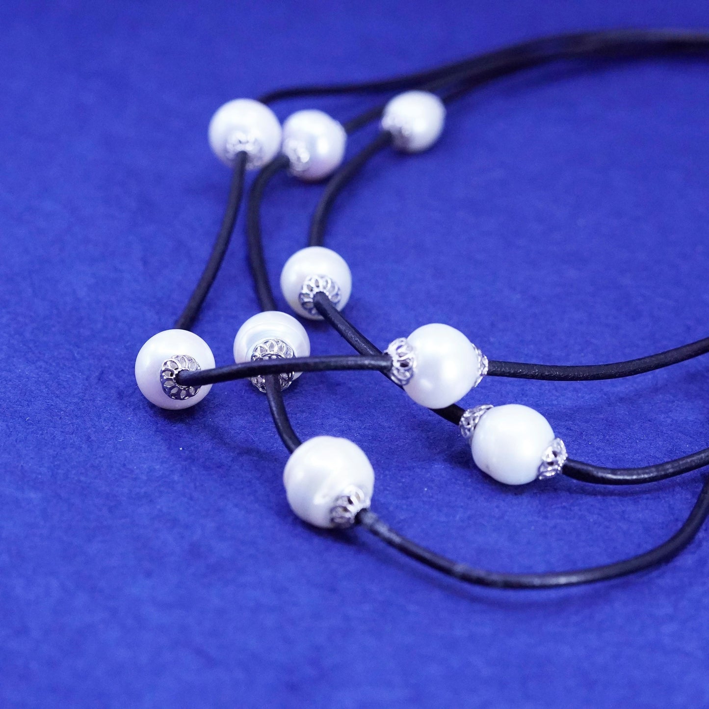 18+2”, Sterling 925 silver handmade black leather necklace with genuine pearl