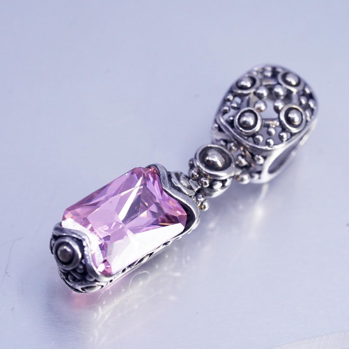 VTG Sterling 925 Silver Pink Faceted Crystal Dangle Pendant Charm, Ornate Bali
