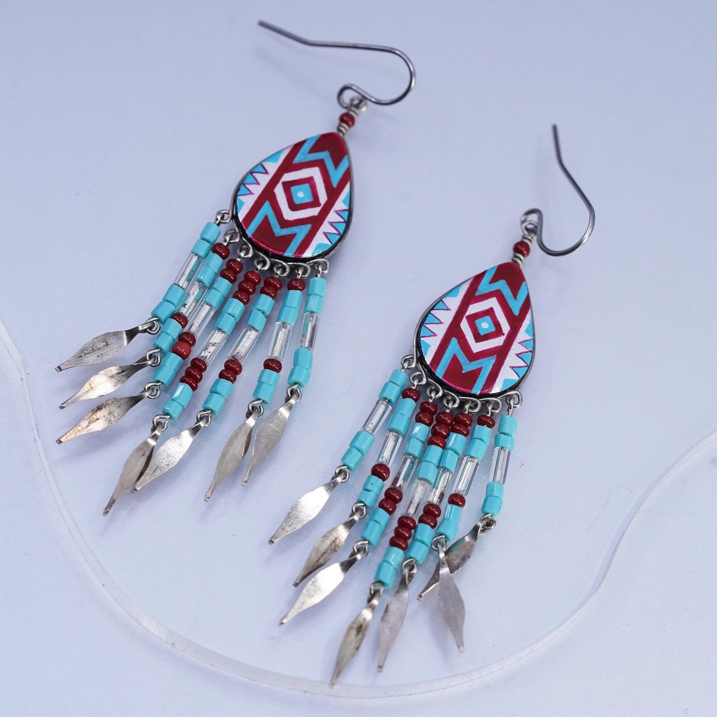 Vintage southwestern Sterling 925 silver teardrop earrings with fringe dangles
