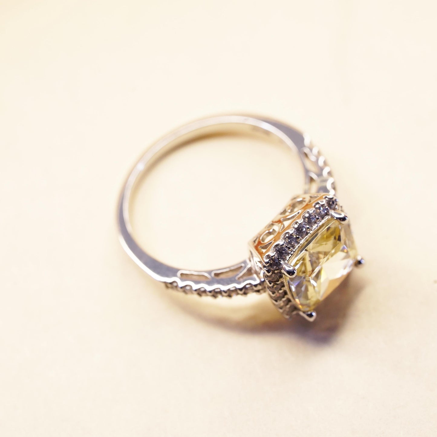 Size 6.5, vintage Sterling 925 silver ring with square citrine and cluster cz