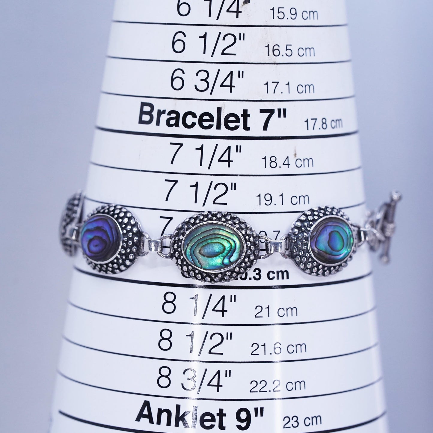 7.75”, Sterling 925 silver handmade bracelet with abalone and toggle closure