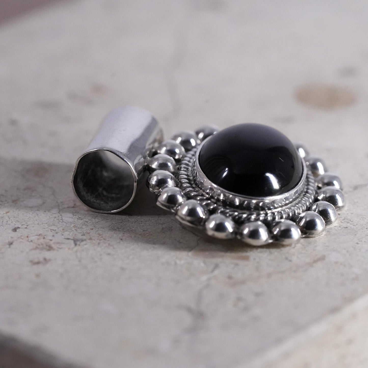 Vintage Mexican Sterling 925 silver oval pendant with black onyx beads around