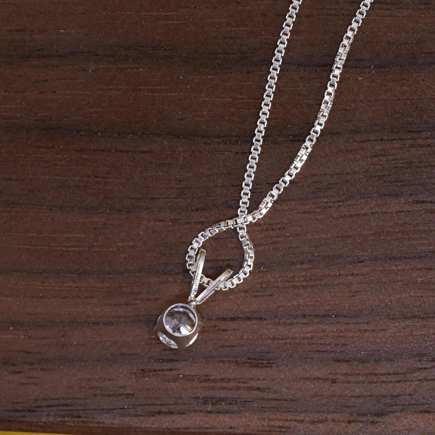 16” 1mm, vintage Sterling silver necklace, 925 box chain with circle CZ pendant