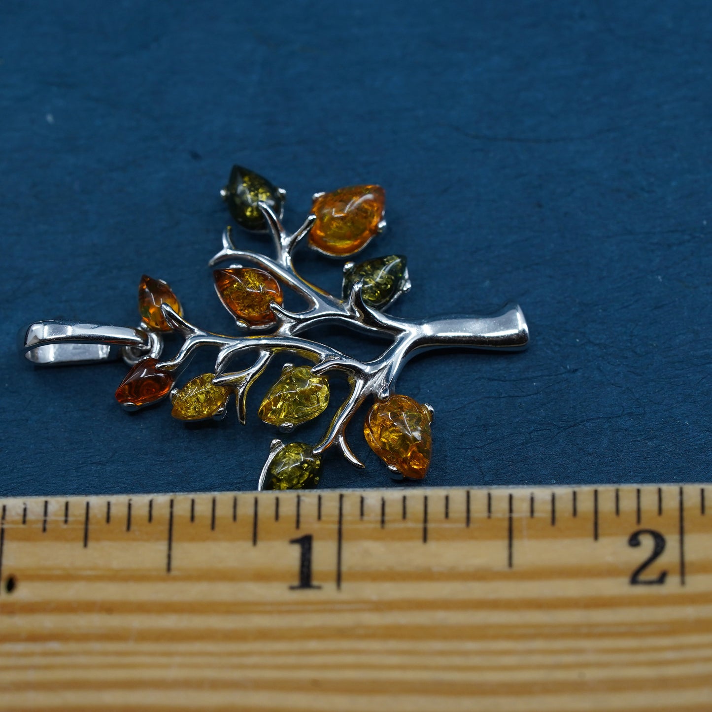 Vintage Sterling silver handmade pendant, 925 family tree with amber