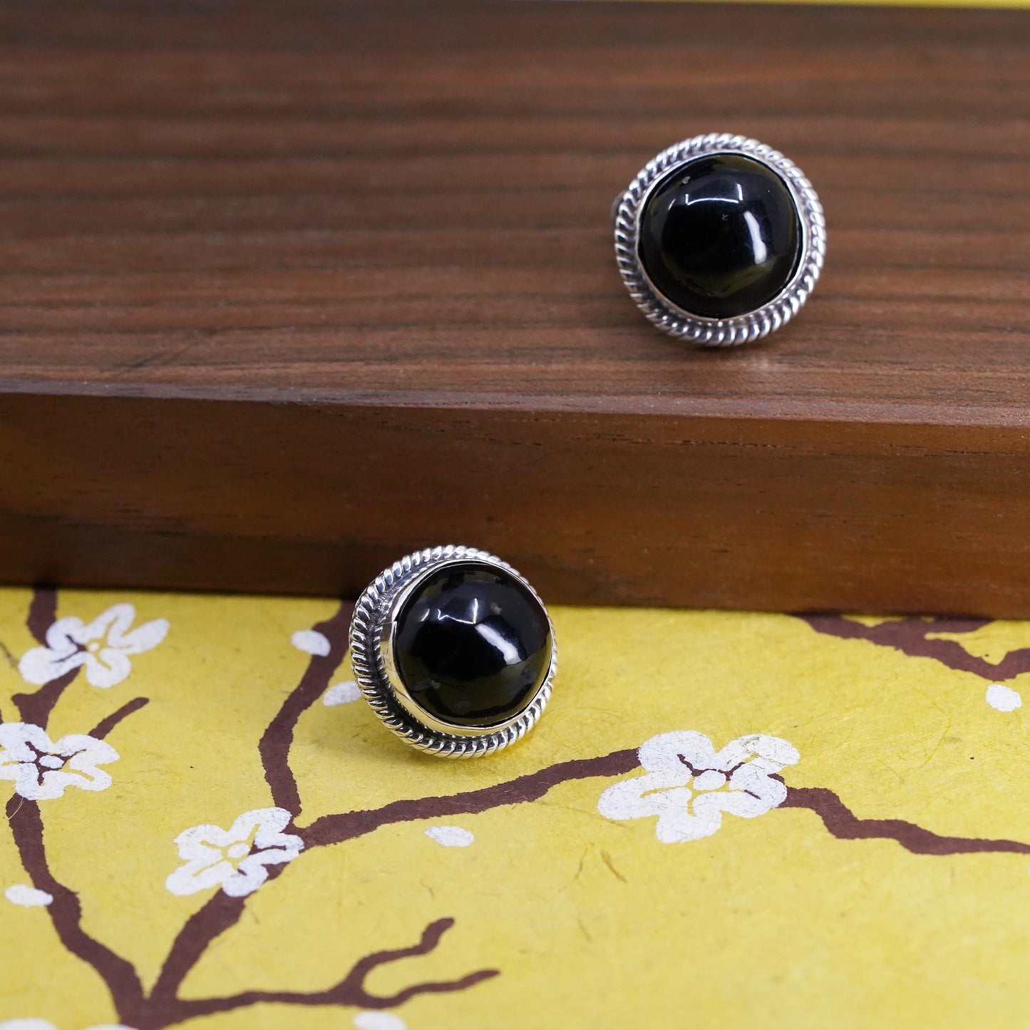 Vintage Mexican Sterling 925 silver handmade screw back earrings w/ black onyx