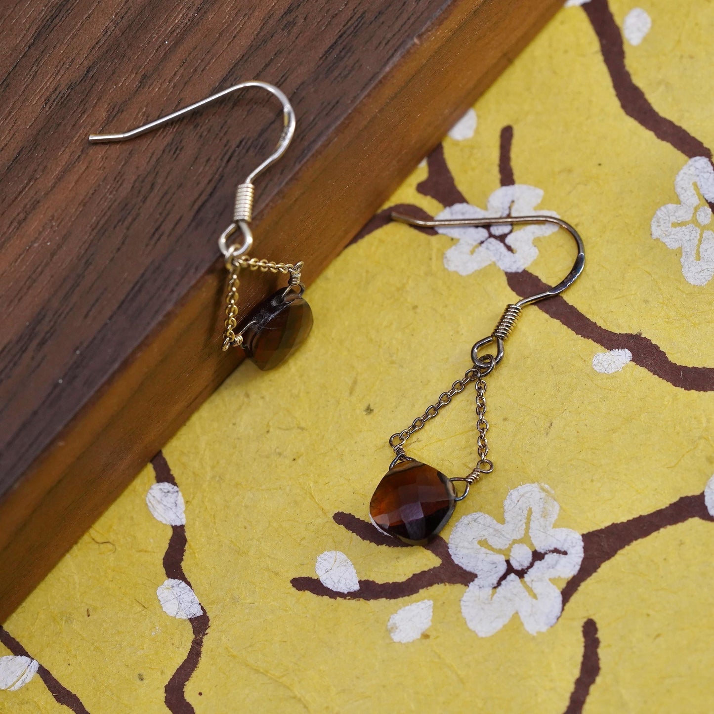 Vintage gold plated Sterling 925 silver handmade earrings w/ smoky quartz beads
