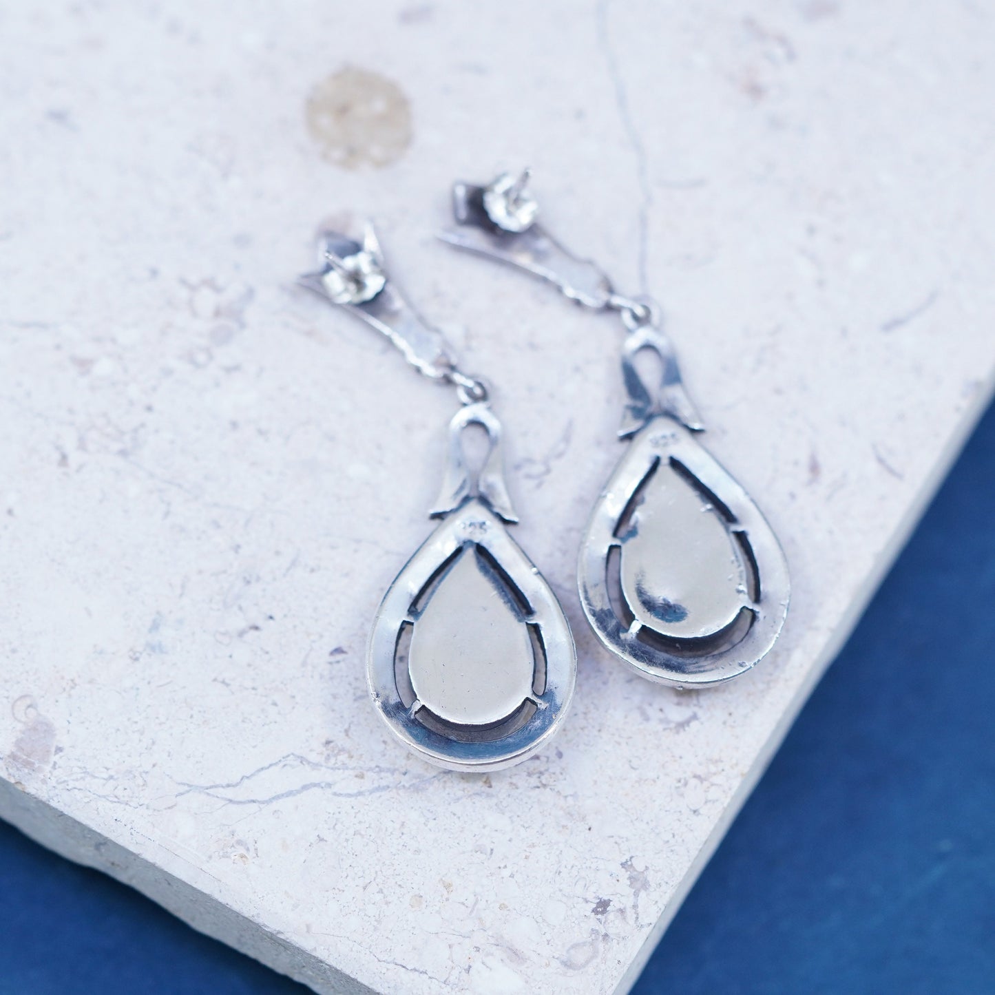 sterling 925 silver handmade teardrop earrings with obsidian and marcasite