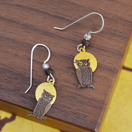 Vintage Sterling silver handmade earrings, 925 enamel owl