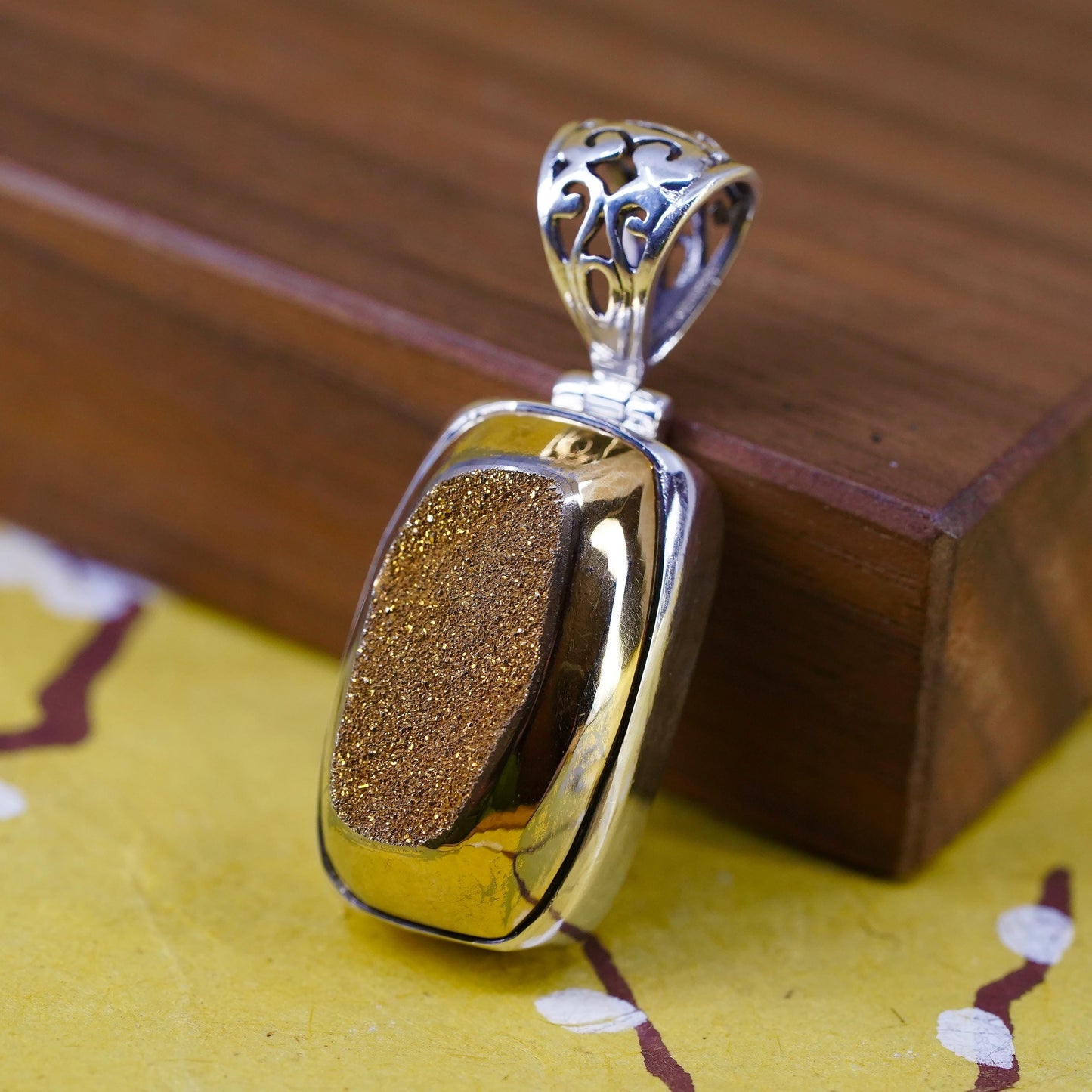 Vintage Sterling 925 silver handmade pendant with golden druzy stone