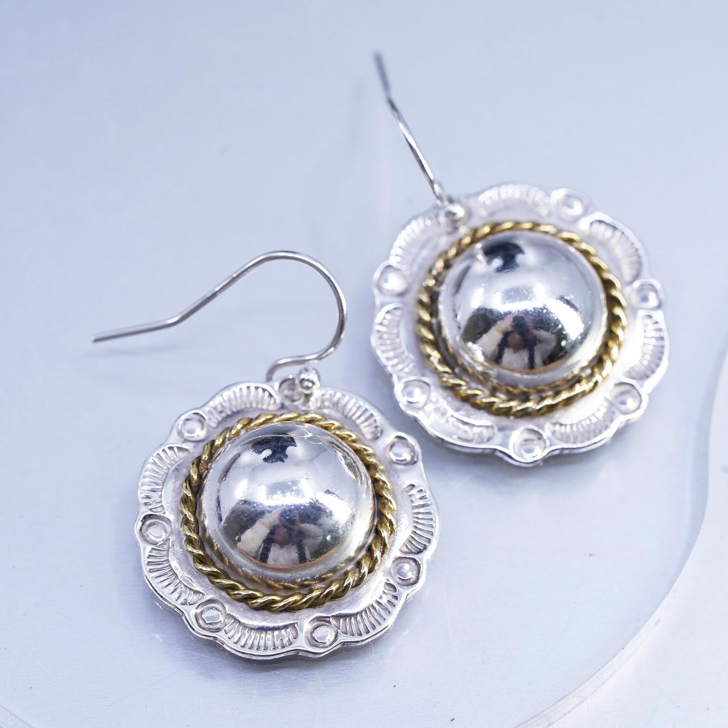 Vintage Mexican two tone Sterling 925 silver dome flower earrings brass cable