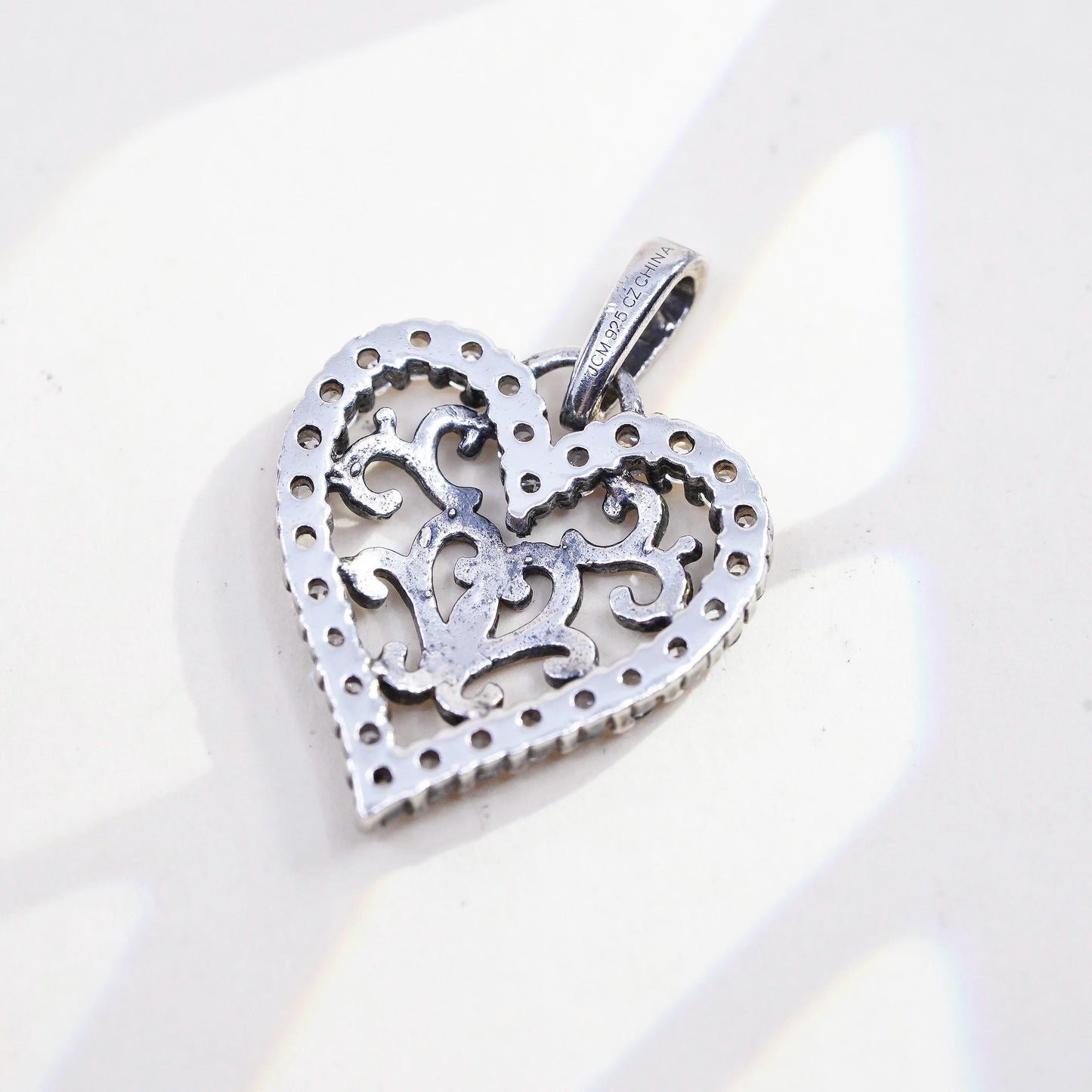 Vintage sterling silver filigree heart charm, 925 pendant with cluster Cz