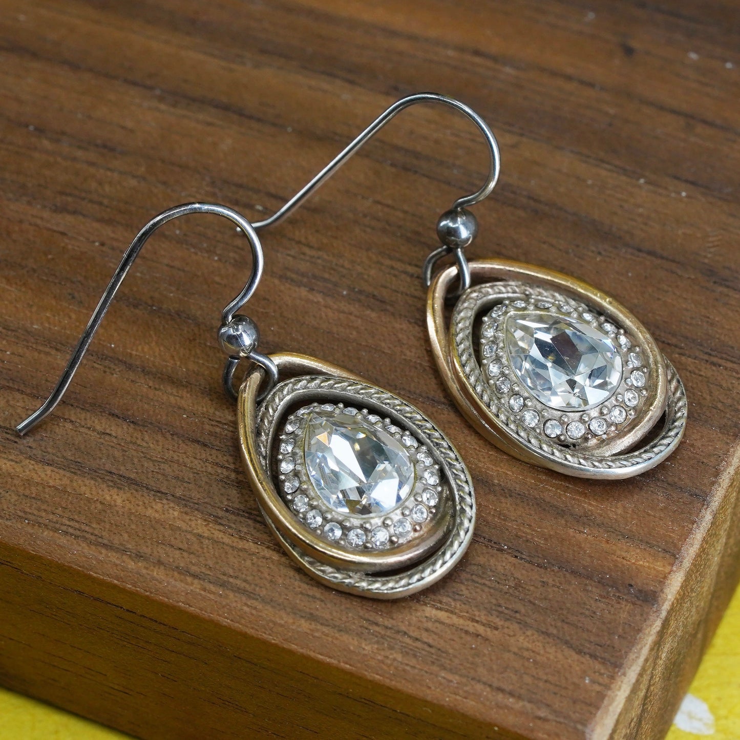 Vintage Sterling silver handmade earrings, 925 silver teardrop with cz inlay