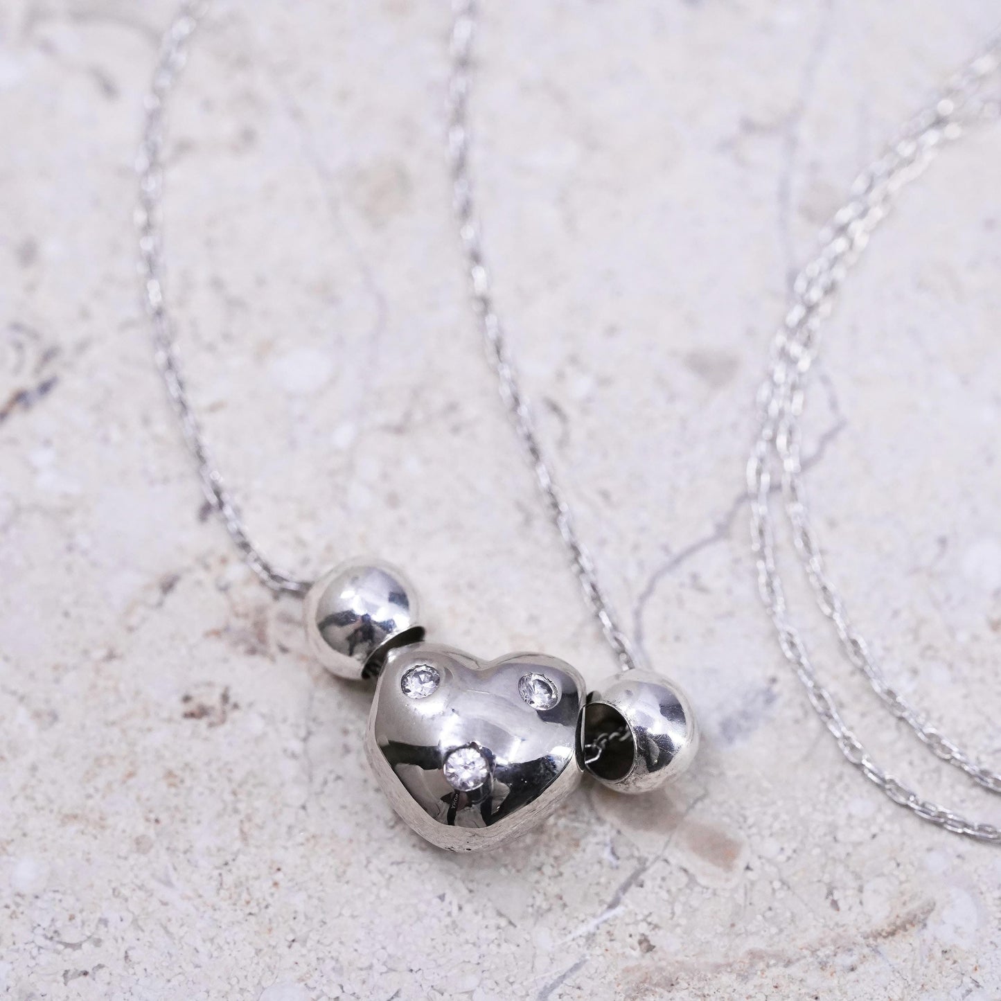 18" 1mm, vintage Sterling silver necklace, 925 Singapore chain heart cz pendant