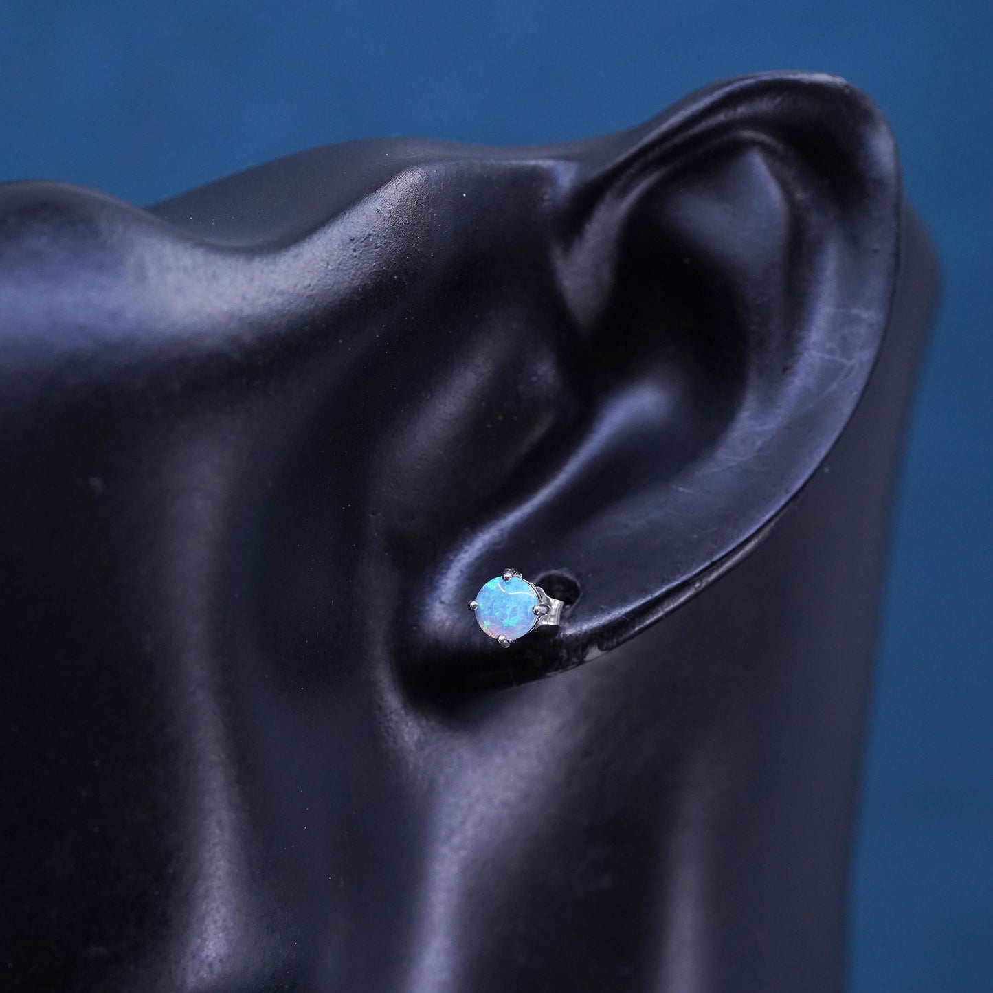 Vintage sterling silver handmade earrings, 925 round studs with opal